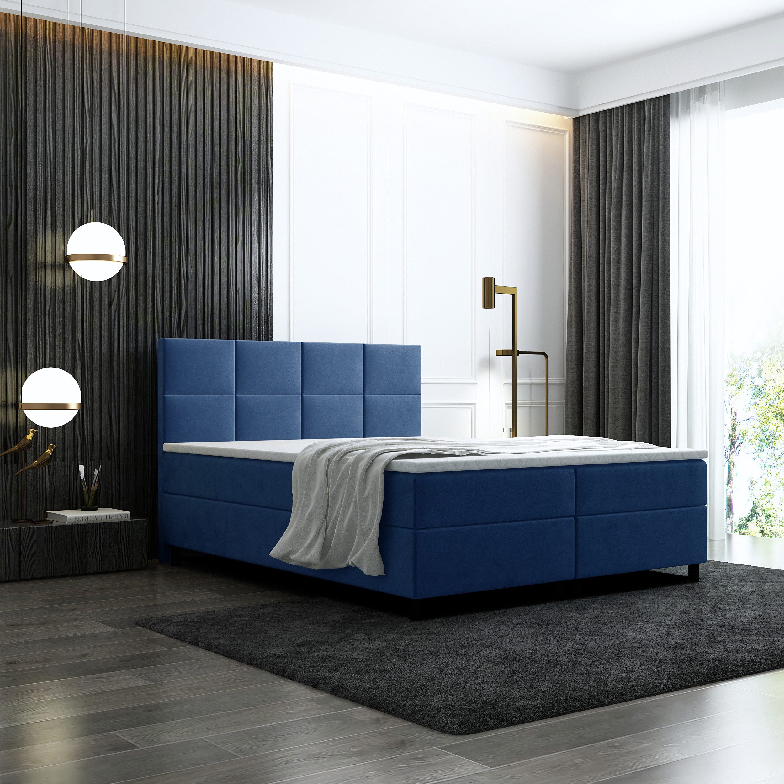 thematys Boxspringbett Luxus mit Bettkasten 140x200–180x200cm - Velours Bezug (Polsterbett Bonnellfederkern Matratze H3 + Gratis 3cm Topper, – Doppelbett mit Stauraum - Boxbett)
