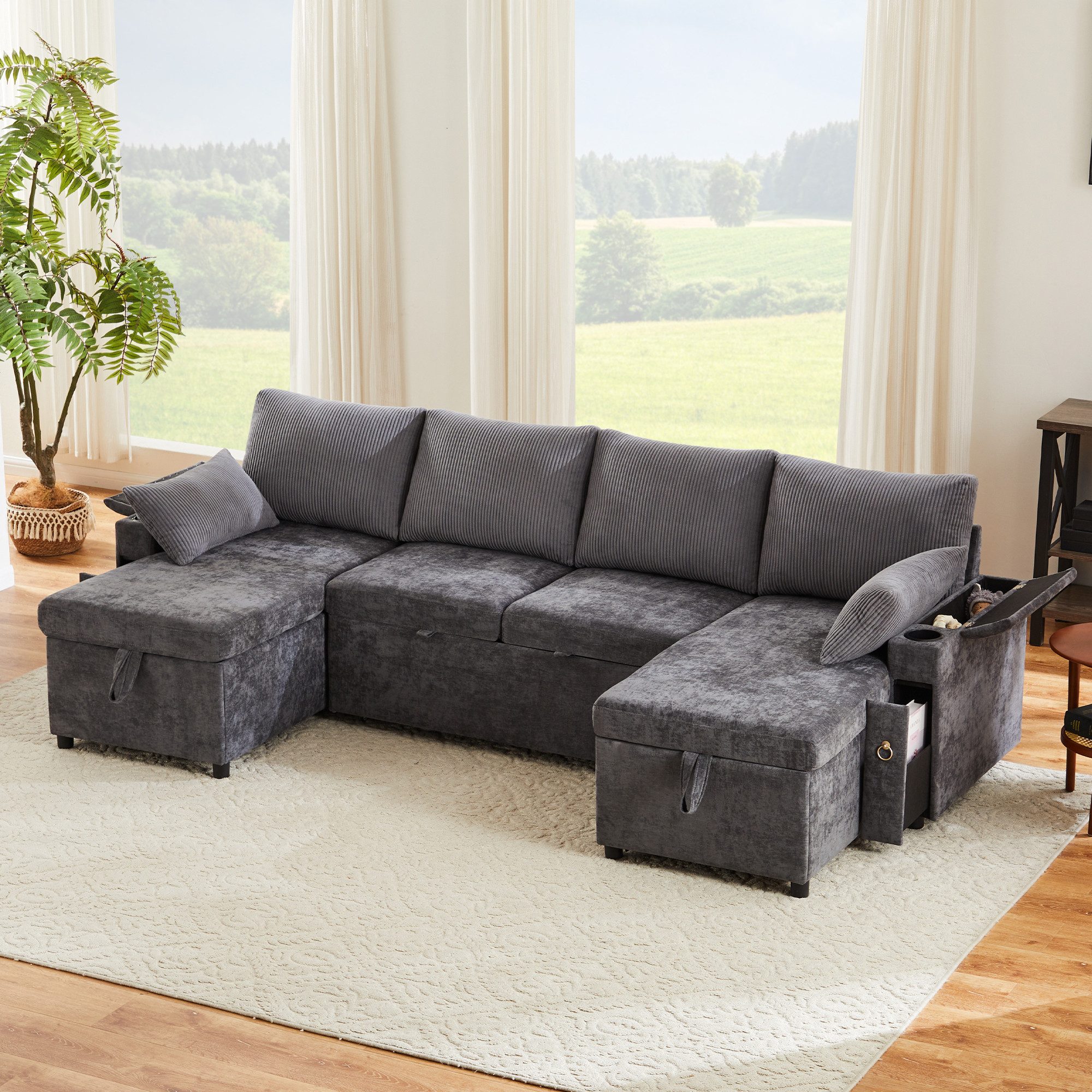 Ulife Sofa Viersitzer-Schlafsofa in U-Form – Schlaffunktion für Wohnzimmer, multifunktionales Ecksofa mit Stauraum, Getränkehalter und Kissen