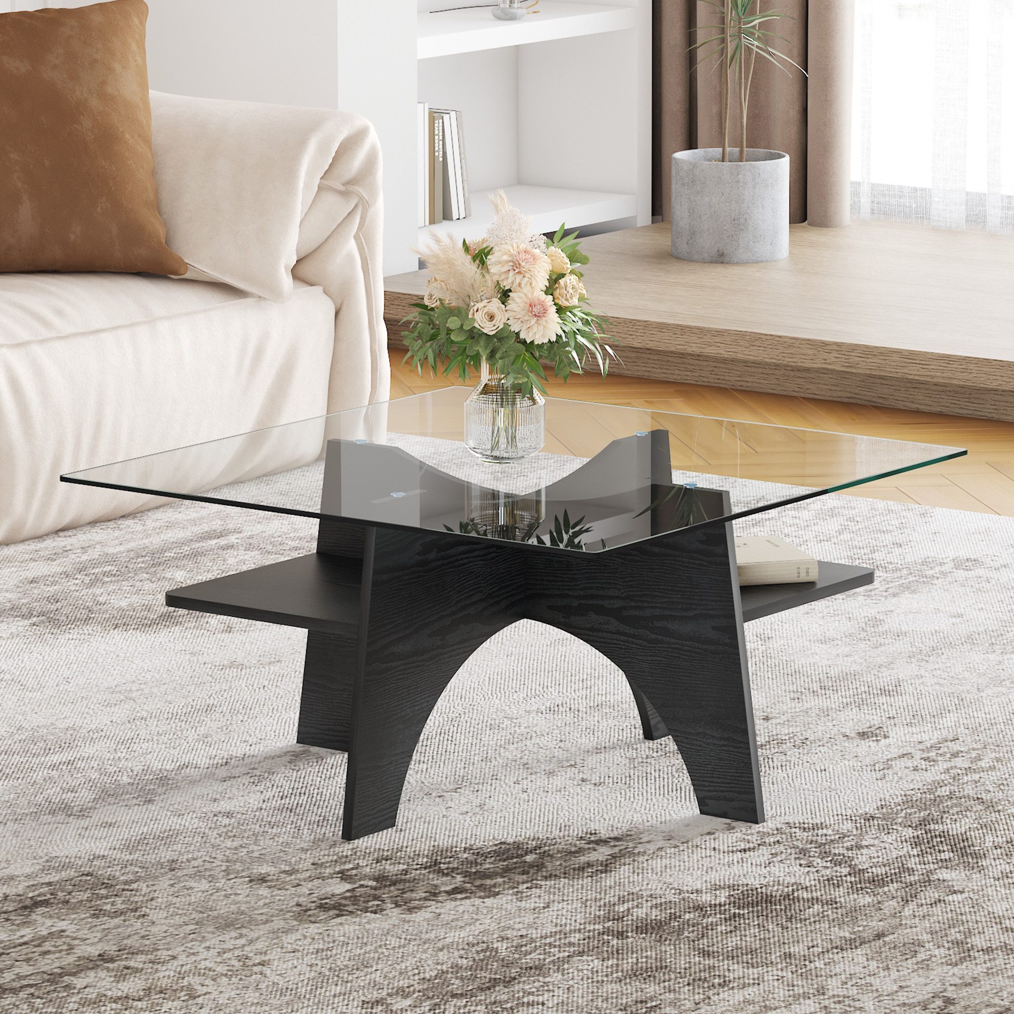 gopop Couchtisch Wohnzimmertisch, Beistelltisch & Sofatisch mit Stauraum (1-St), 80x40 cm quadratischer Glas-Tisch aus 6 mm Hartglas