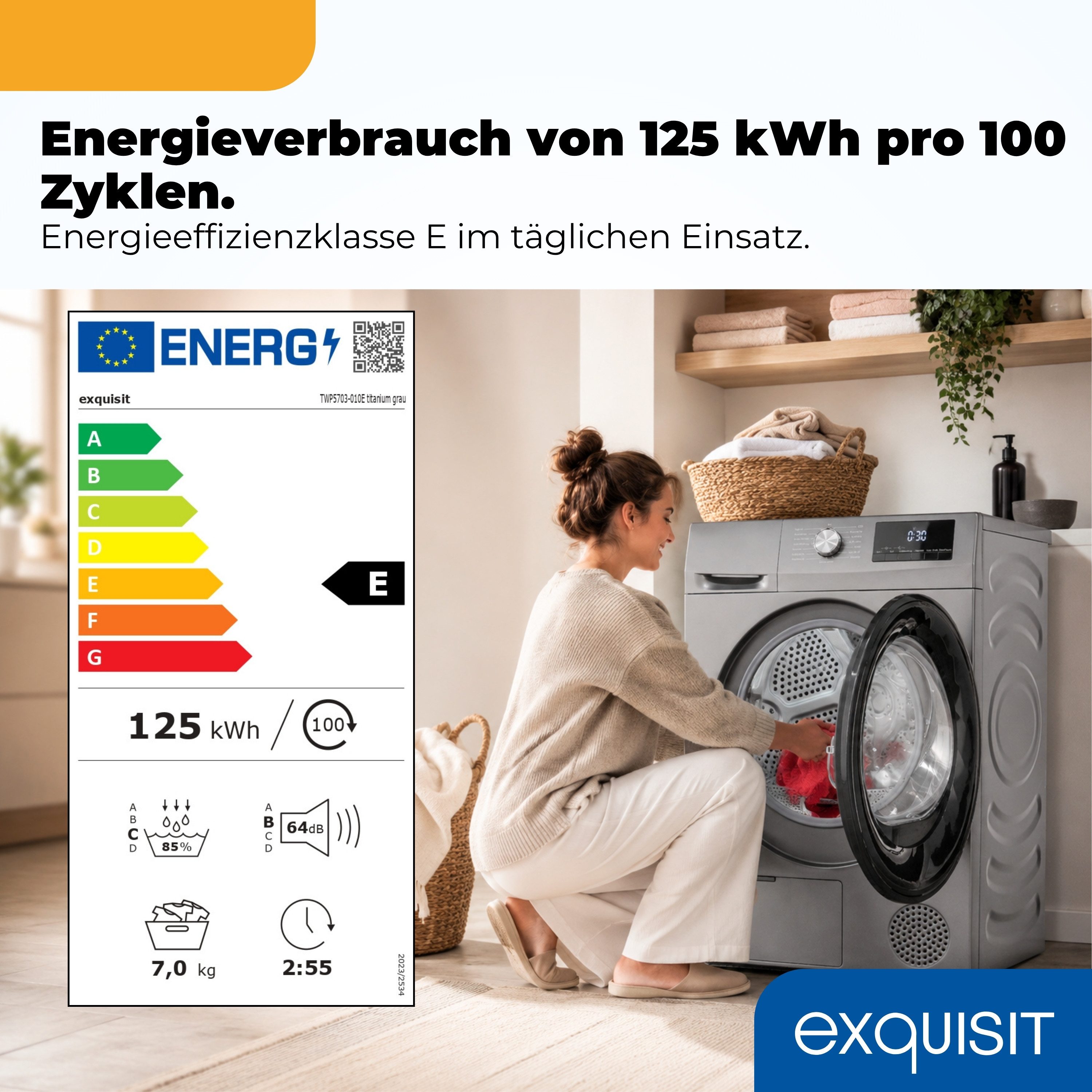 exquisit Wärmepumpentrockner TWP5703-010E, 7 kg, Energieklasse E, Geräuschklasse C, 64 dB