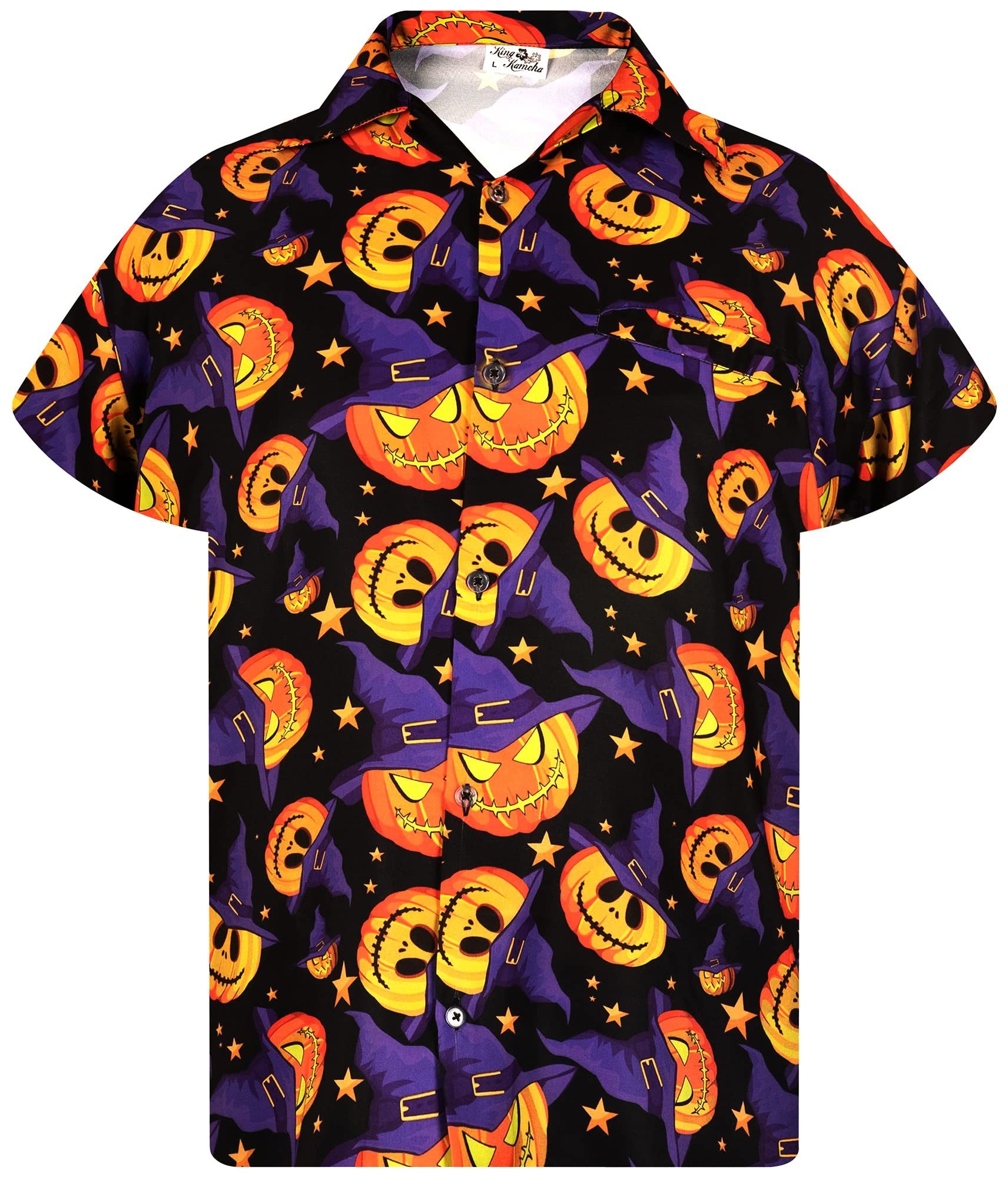 King Kameha Hawaiihemd Halloween Pumpkin Hat Hawaii-Hemd Kurzarm Front-Tasche Unisex