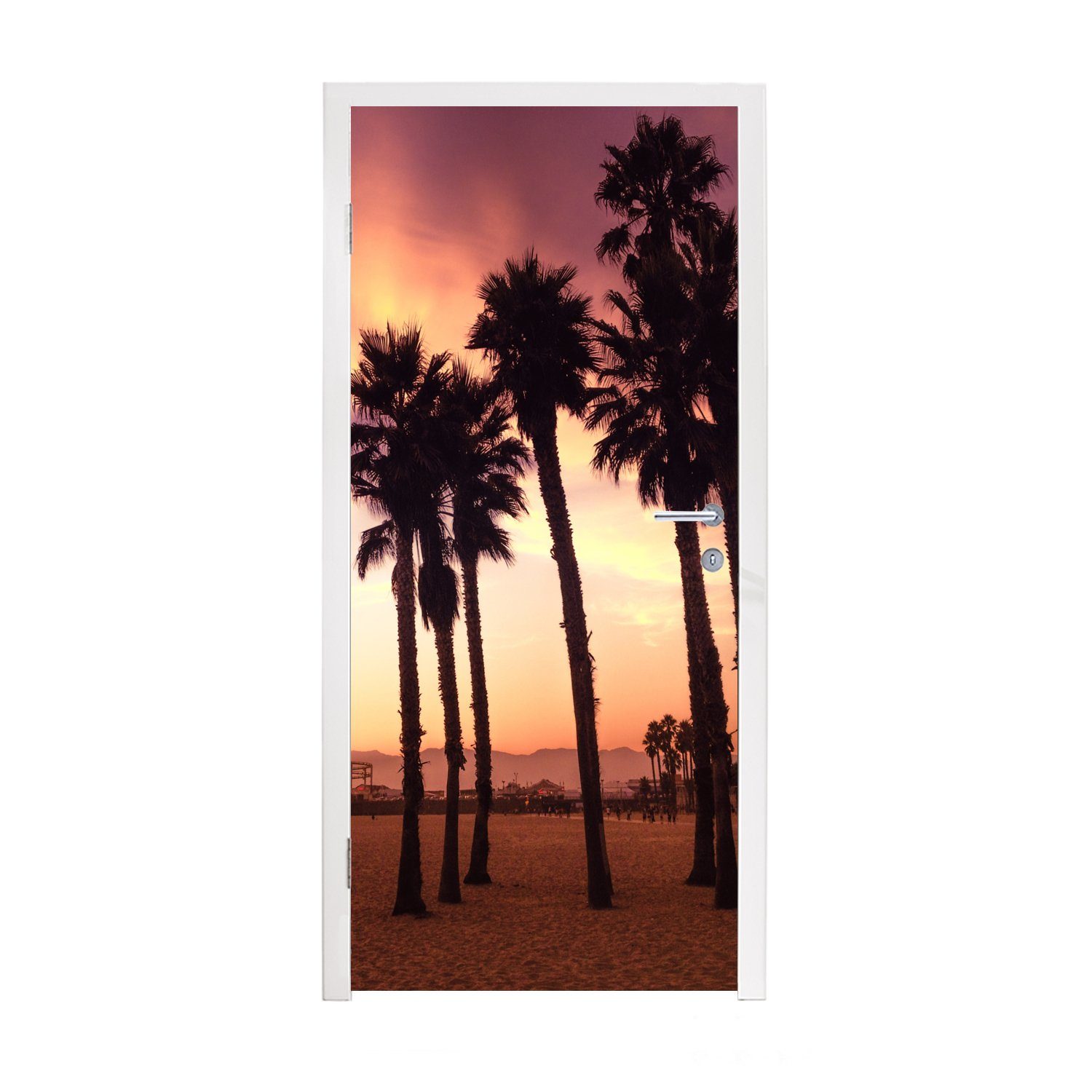 Fototapete Türaufkleber, am Monica, Türtapete Matt, bedruckt, (1 Santa Strand 75x205 MuchoWow für Sonnenuntergang Tür, von St), cm