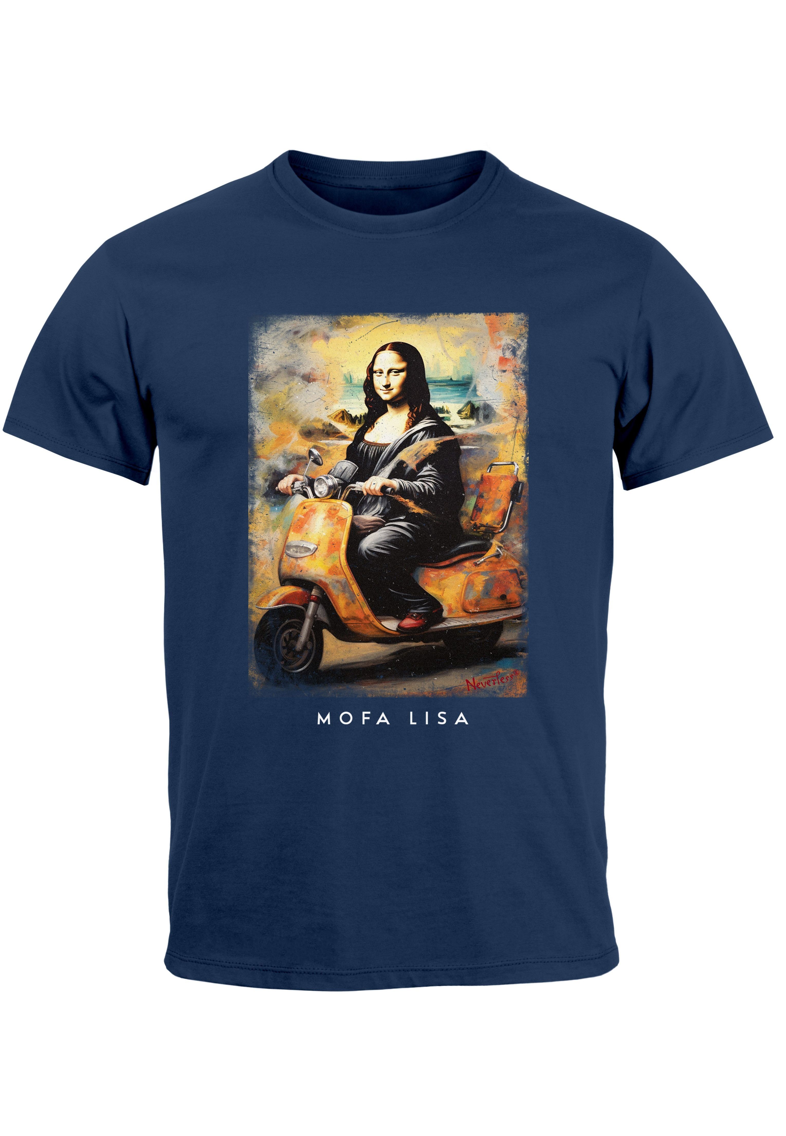 Print MoonWorks Lisa Herren Print-Shirt Meme Lisa Aufdruck Parodie mit Mofa Kapuzen-Pullover Mona T-Shirt navy Print