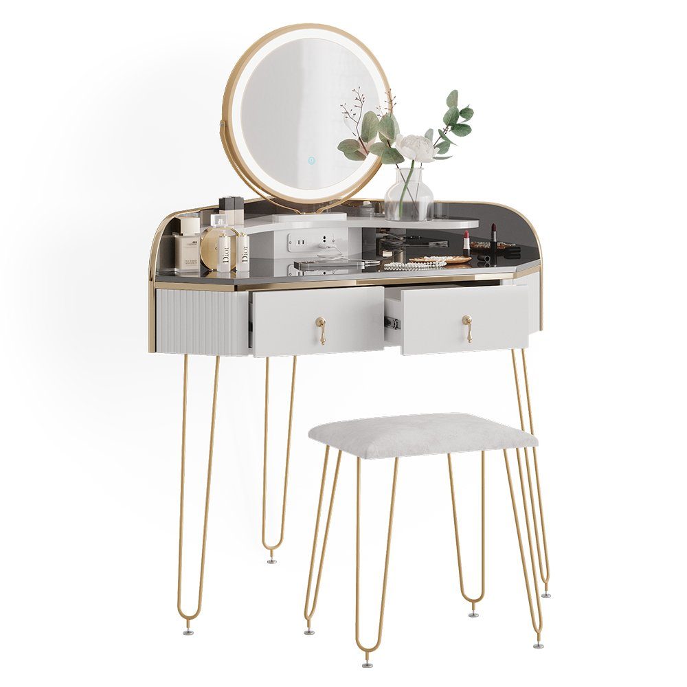 Vicco Schminktisch Amira, Weiß Hochglanz/Grau, 99cm mit LED Spiegel, Hocker und USB