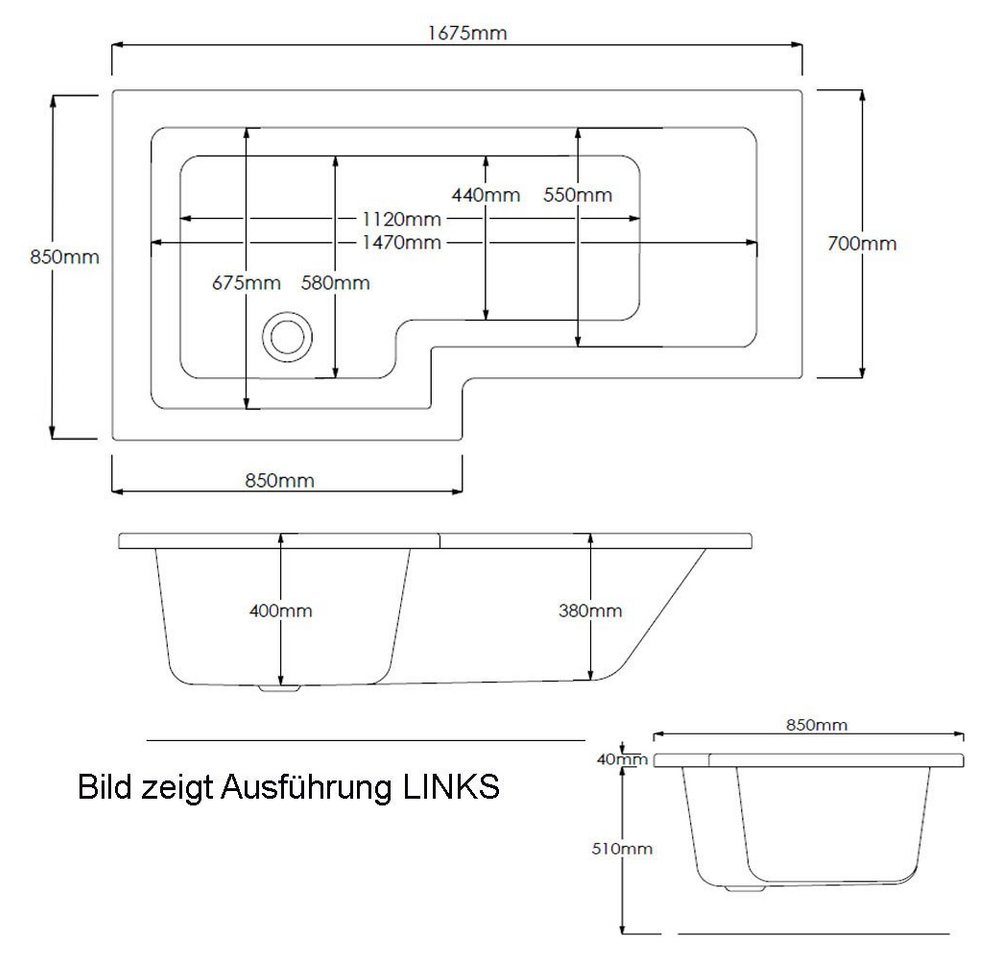 Thumbnail - HAK Badewanne SYNA, 167,5x85/70x40 cm,rechts