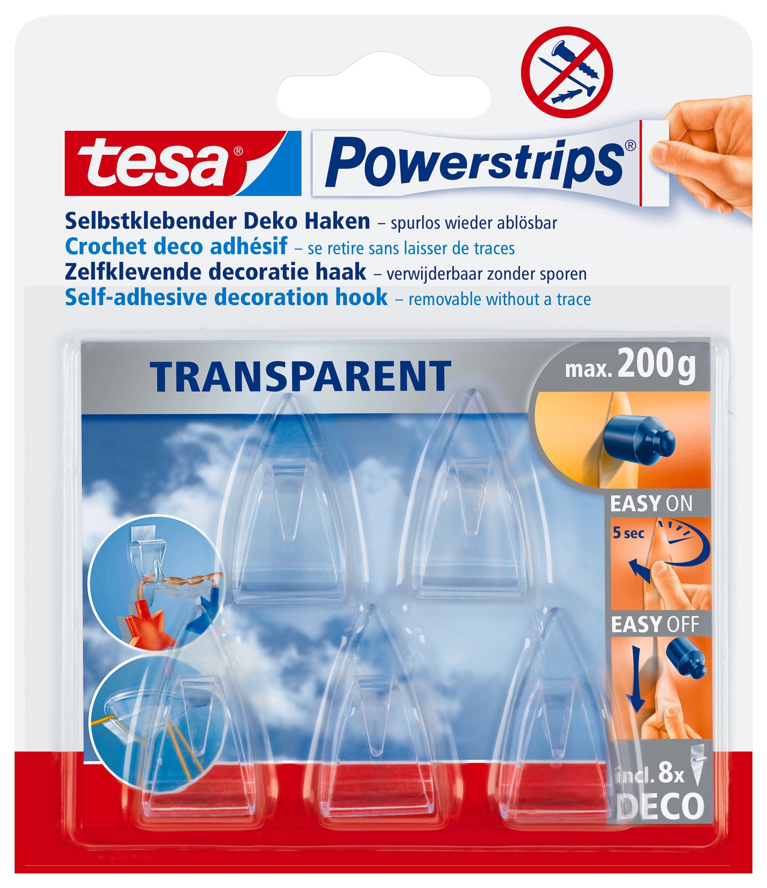 tesa Klebehaken POWERSTRIPS Doppelseitige Klebestreifen mit Bilderhaken, Dekoration, Bilder, Leinwände, Lichterketten, Girlanden, (Packung, 5-St., Haken, Powerstrip), Stripes transparent - Dekohaken - ja max. 200 g