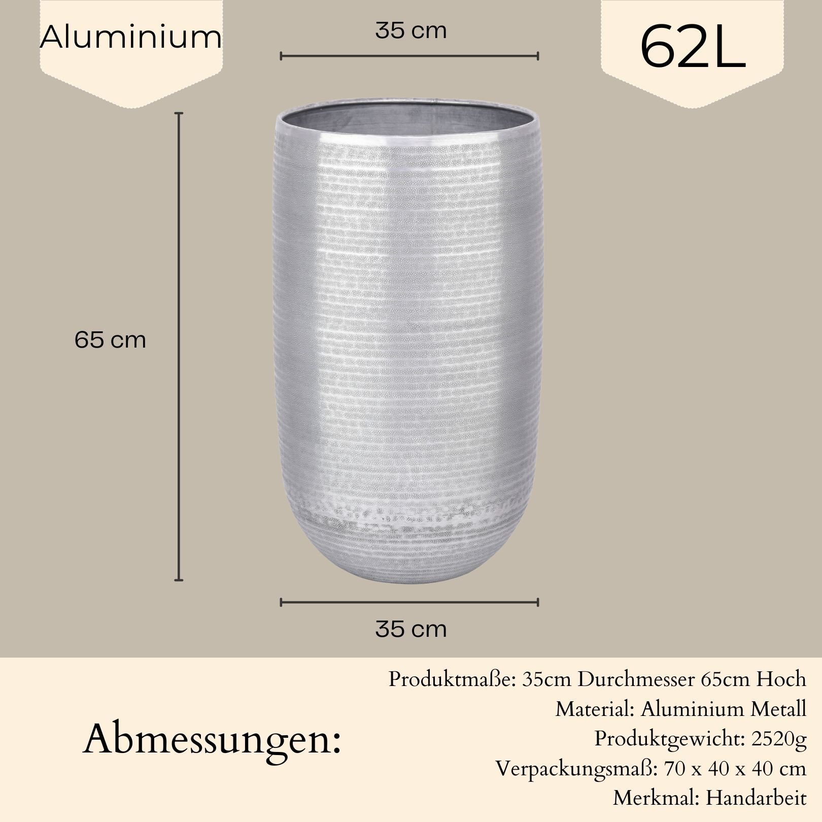 Marrakesch Orient & Mediterran Interior Übertopf Pflanzkübel Camiel XXL 65 cm, Silber matt, Aluminium, zylindrisch (1 St), Handarbeit – Bild 2 von 5