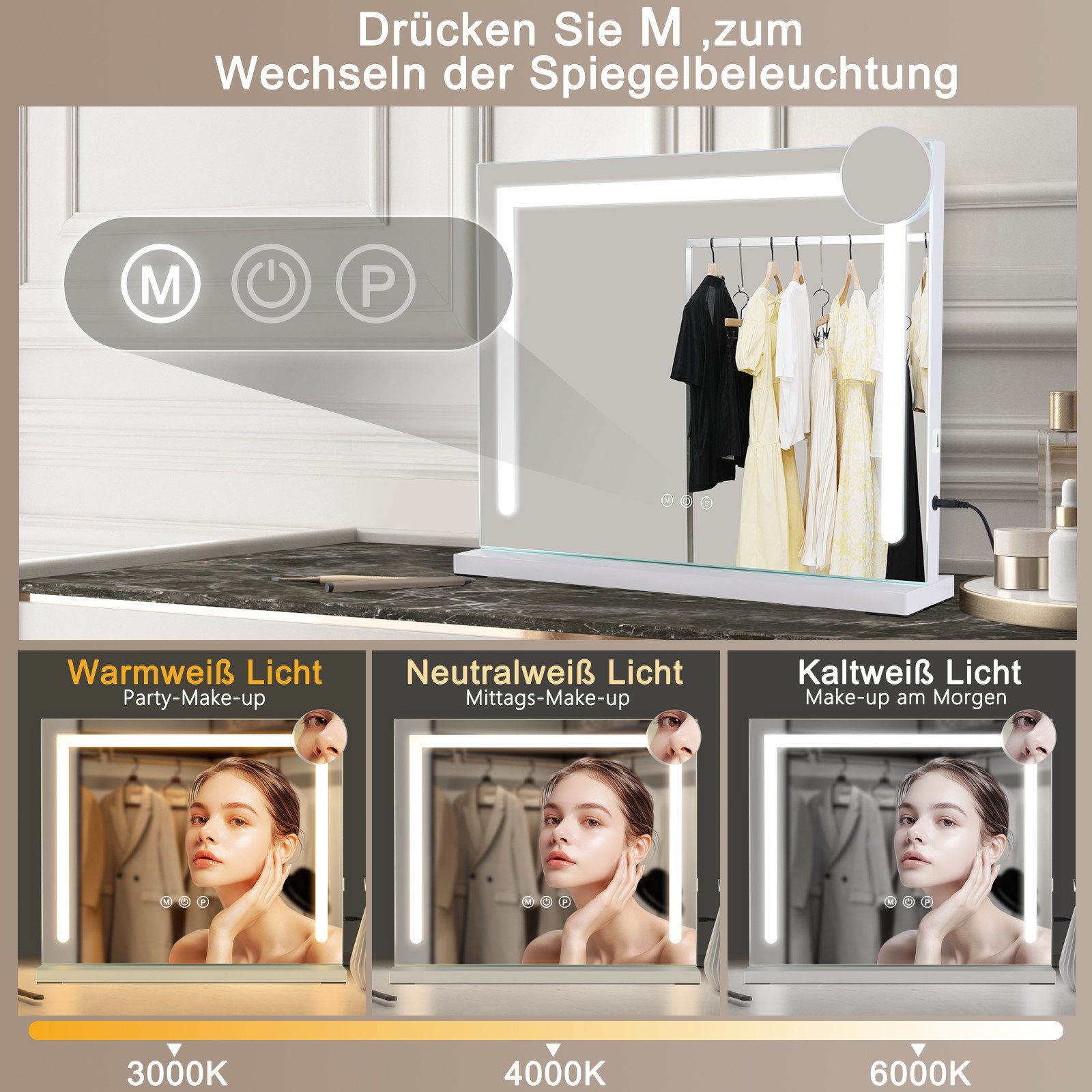 Nettlife Schminkspiegel mit Beleuchtung 50x40cm Dimmbare LED Spiegel mit 3 günstig online kaufen