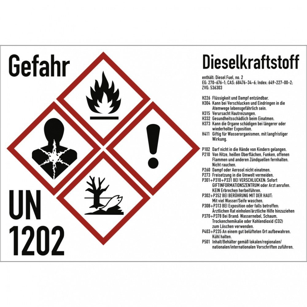 Hinweisschild Gefahrstoffkennzeichnung Dieselkraftstoff, Kombischild, GHS