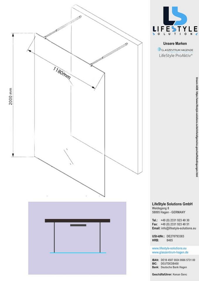 Thumbnail - Glaszentrum Hagen Walk-in-Dusche Glaszentrum Hagen "Eva" 118x200cm 10mm Freistehende Duschwand - Satin-