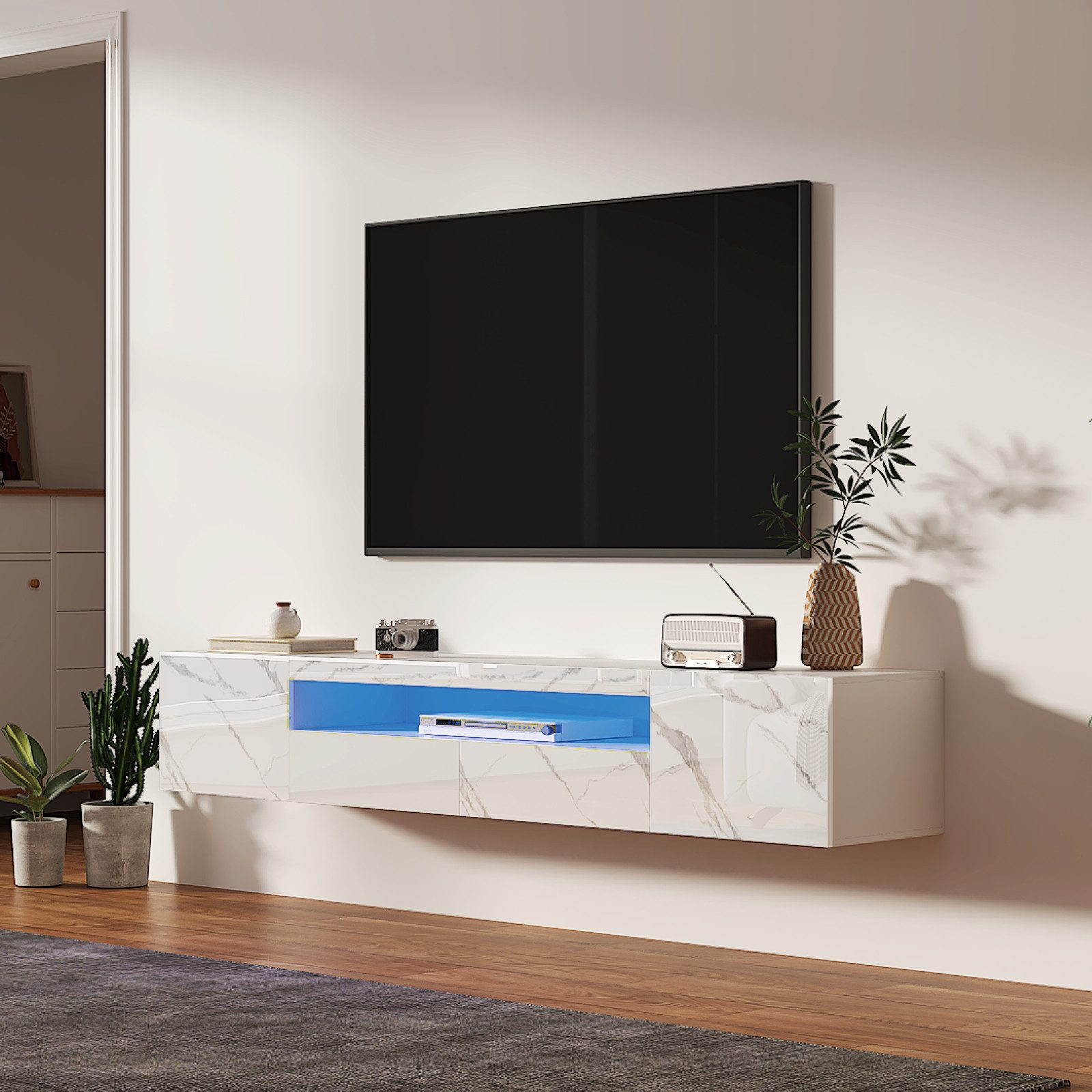 radelldar Lowboard 180cm Hochglanz mit LED-Beleuchtung und Stauraum (1 St), hängender TV-Schrank für Fernseher bis 85 Zoll – Bild 4 von 5