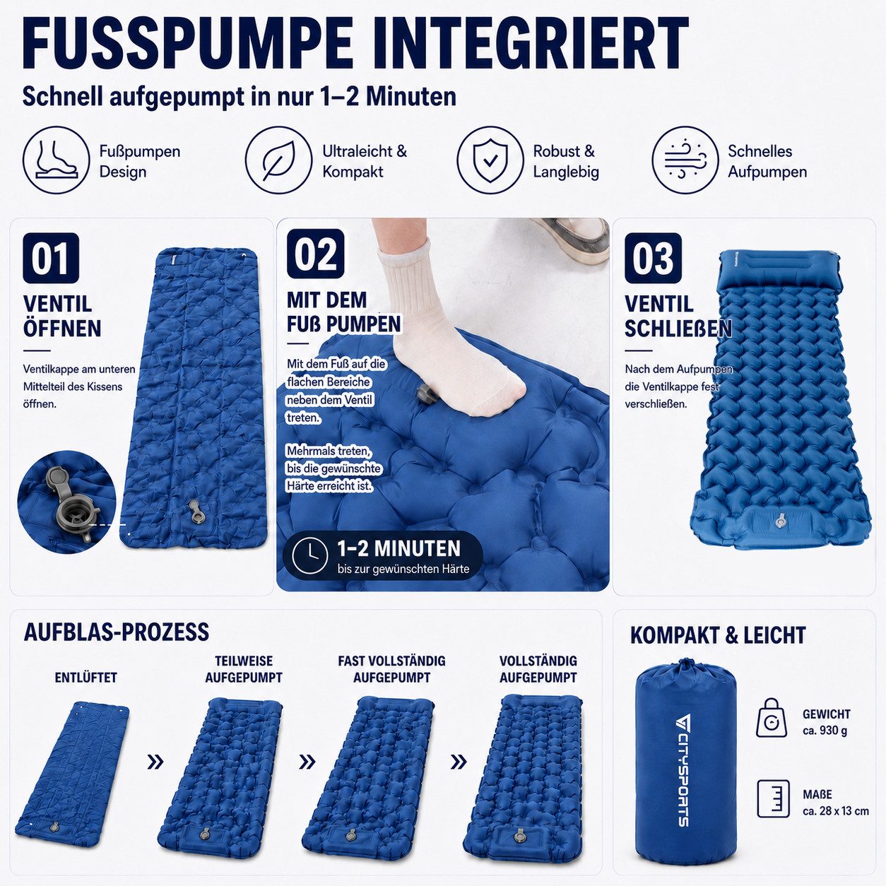 CITYSPORTS Isomatte Selbstaufblasende Camping Isomatte, aufblasbare Luftmatratze Camping, mit Kissen,Fußpumpe,Outdoor Schlafmatte für Zelt SUV Reisen