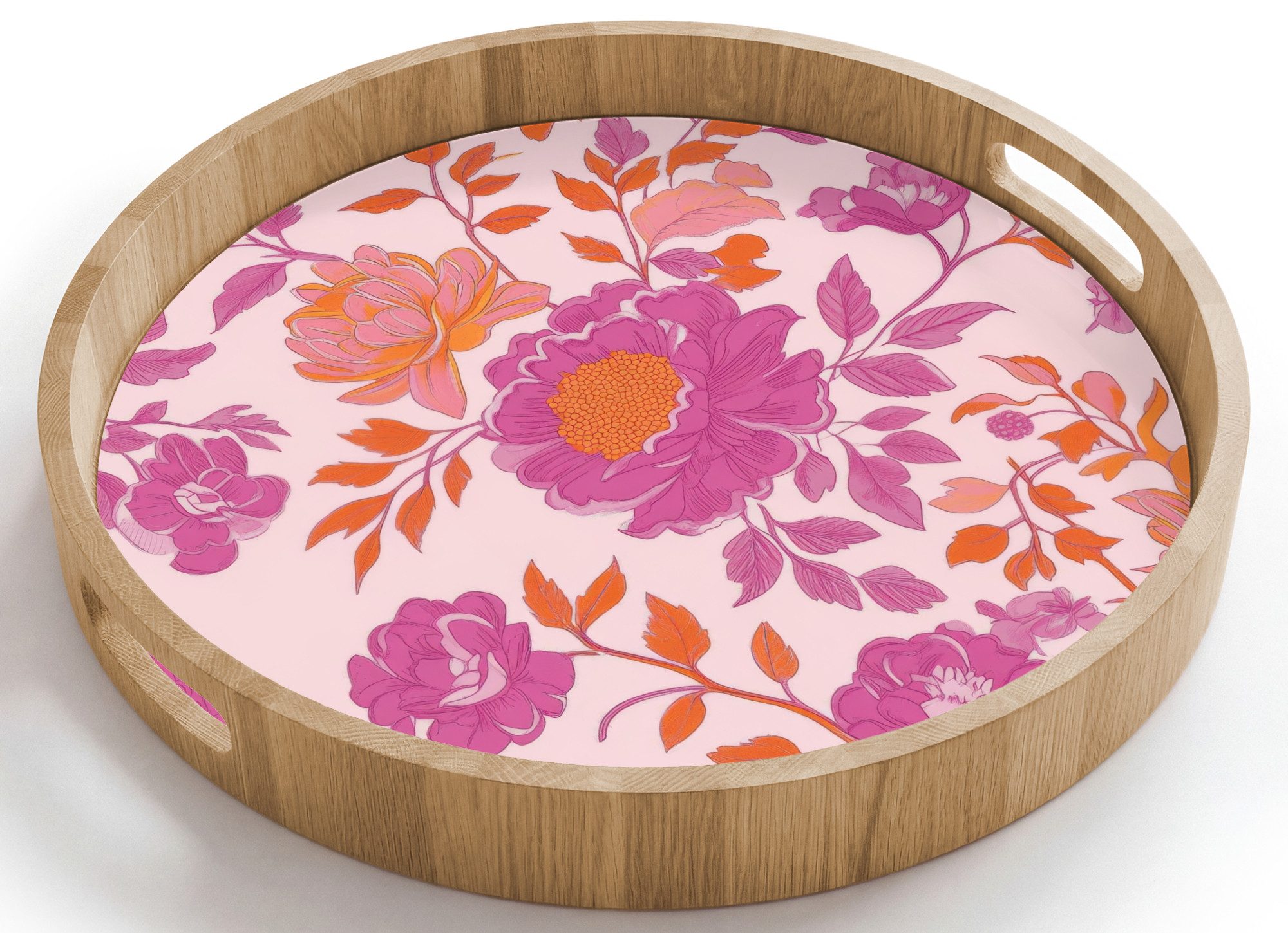 OnlyWow Tablett Rund mit Henkel Florales Muster - Rosa - Orange - Blumen, Eichenholz, (1-tlg), Siervierplatte, Tray, Frühstücksbrett