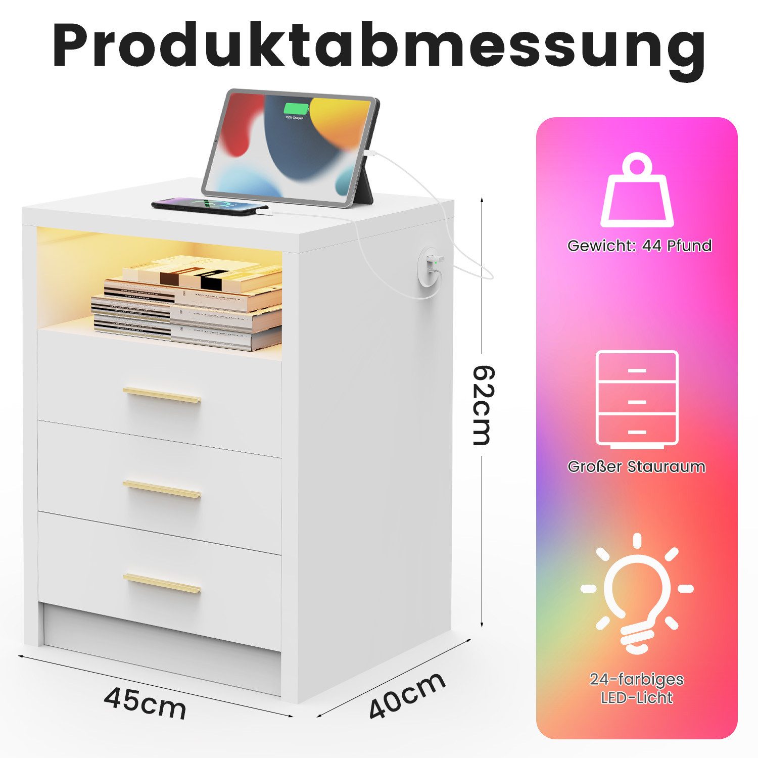 oyajia Nachttisch Nachtschrank mit 2/3 Schubladen, Beistelltisch mit Ladestation und LED (1-st RGB Nachttisch mit Schubladen und Ladestation), Nachttisch mit Sc – Bild 4 von 5