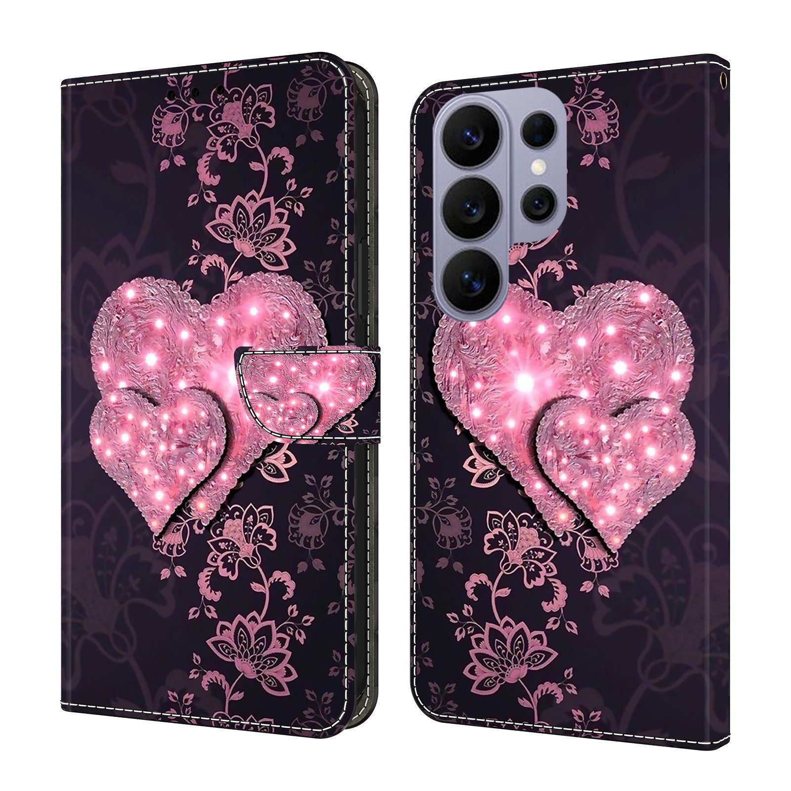 CLM-Tech Handytasche für Samsung Galaxy S26 Ultra Klapphülle aus PU-Leder (rosa Herzen, 1-tlg., Flip Case), Magnetverschluss, Standfunktion und Kartenfächer