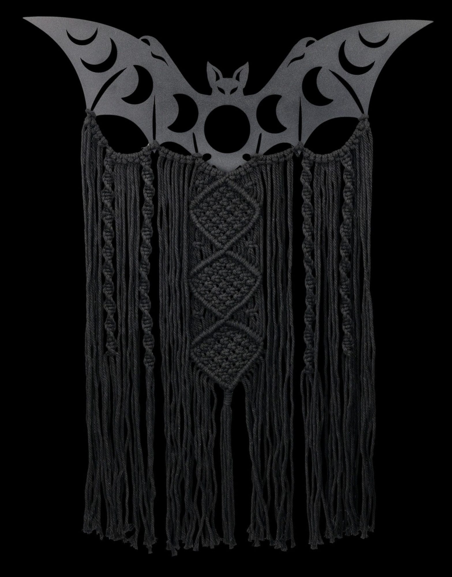 Figuren Shop GmbH Wanddekoobjekt Makramee Wanddeko Fledermaus – Gothic Wandbehang Mondphasen 66 cm