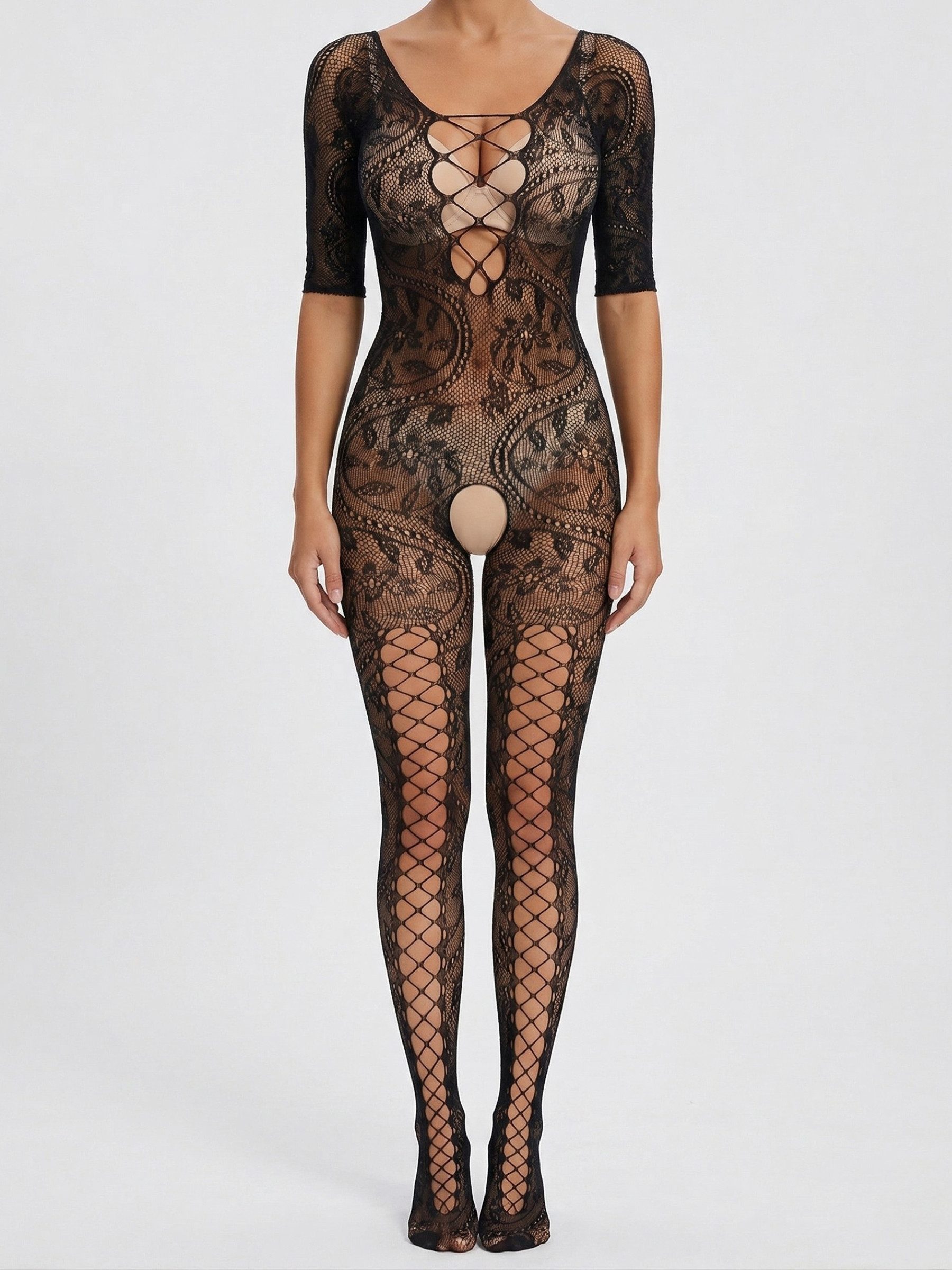 Elegant Love Bodystocking-Ouvert Sexy Catsuit Dessous mit offenem Schritt, Netzstrumpfhose mit Ärmeln Sinnliche Strümpfe, Strumpfbody für Damen