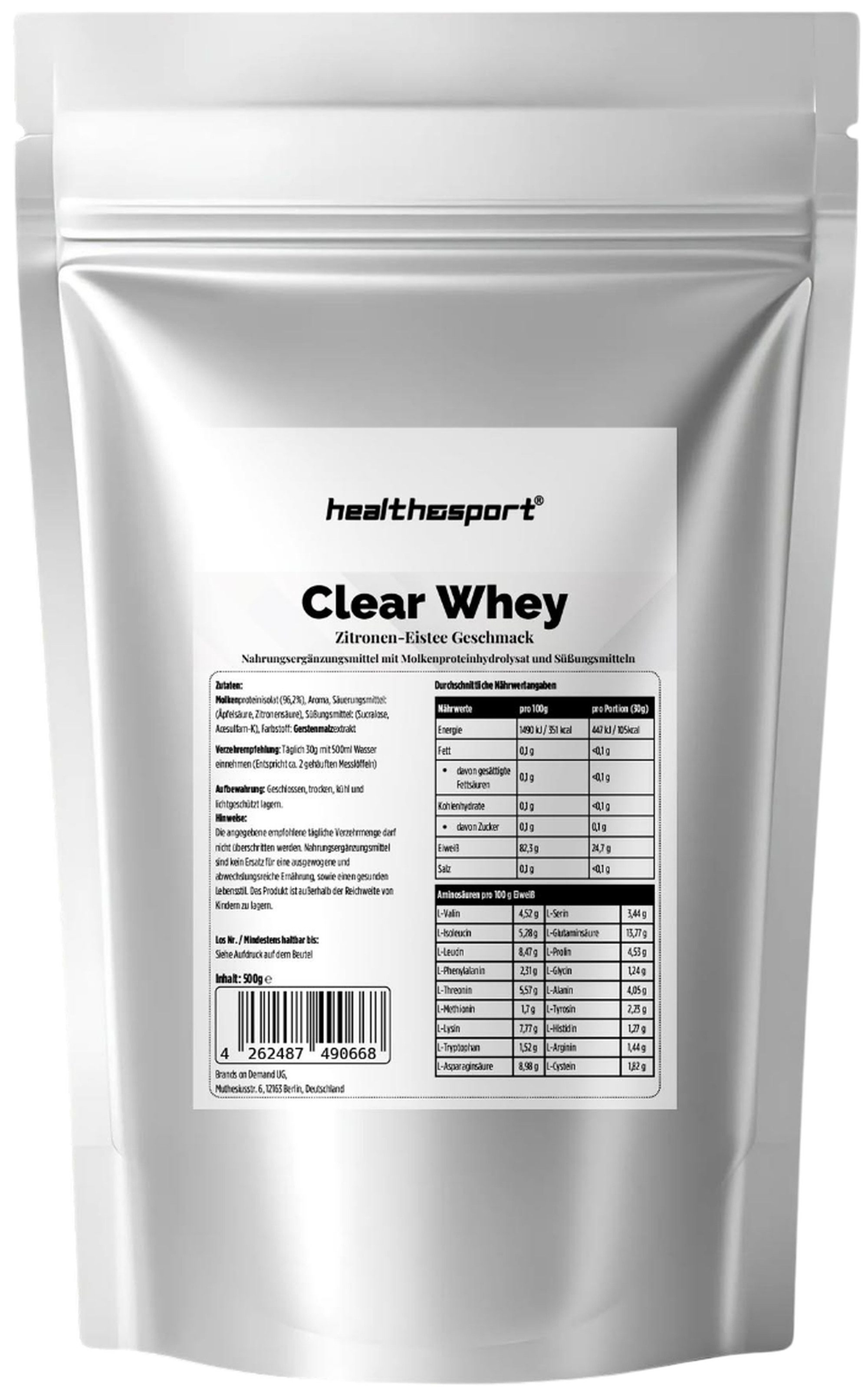 health&sport Clear Whey Zitrone Eistee – Für Muskelaufbau, Regeneration & Fitness Pulver, 500 g