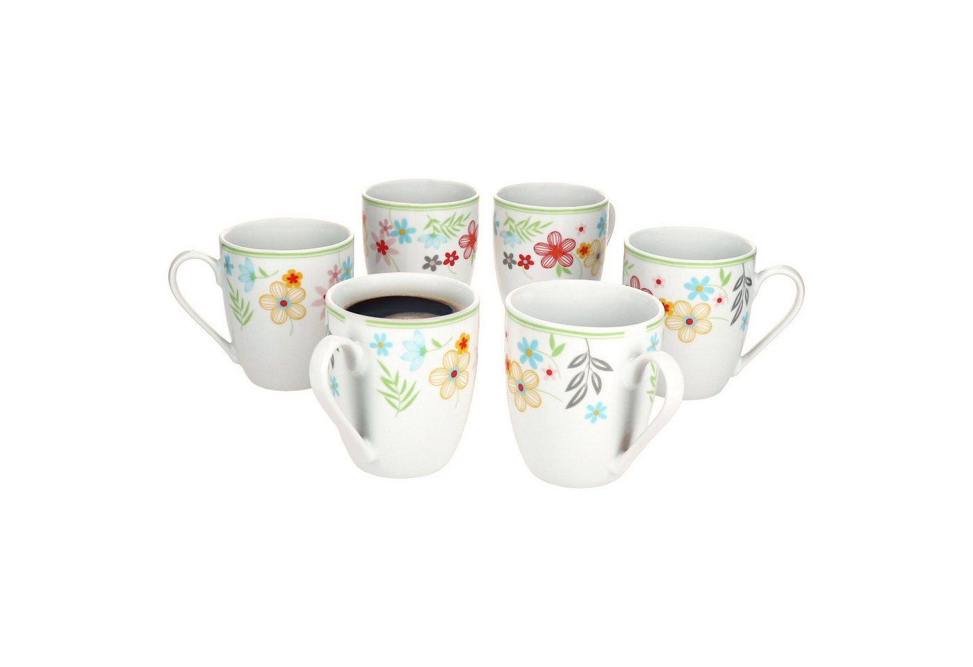 MamboCat Becher 6er Set Variant Blümchen Kaffeebecher 350ml bunte Porzellantassen, Porzellan