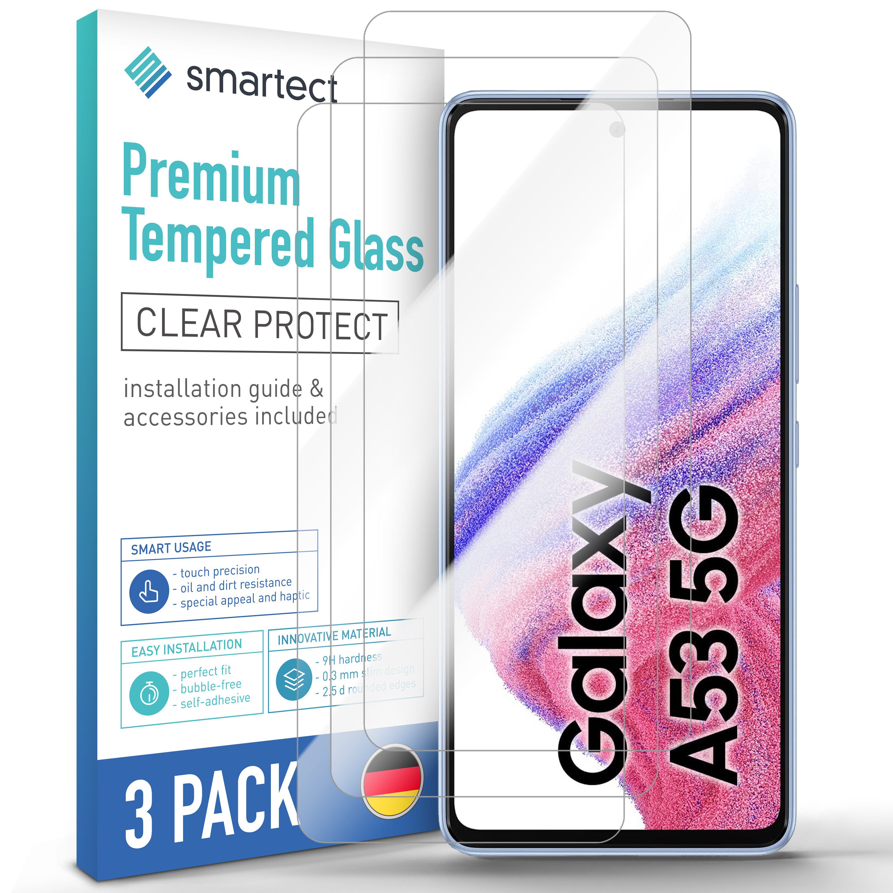 smartect Displayschutzglas 3X Schutzglas Panzerfolie Klar für Samsung Galaxy A53 5G für Samsung Galaxy A53 5G, Set, 3 Stück, 0.3 mm Ultra-klar, 9H Härte, Kratzfest, Stoßfest, Blasenfrei, Oleophob