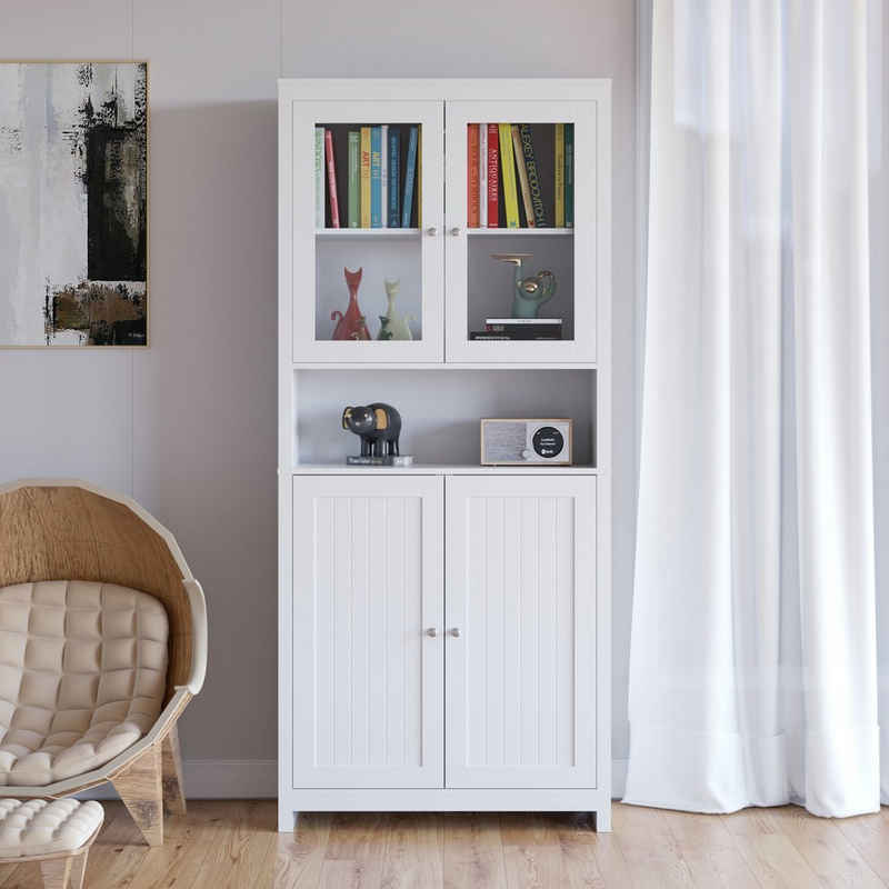 Homfa Hochschrank (Bücherschrank mit 4 Türen) Vitrinenschrank, Highboard, für Wohnzimmer Esszimmer Büro Küche, 84 x 32 x 190 cm, weiß