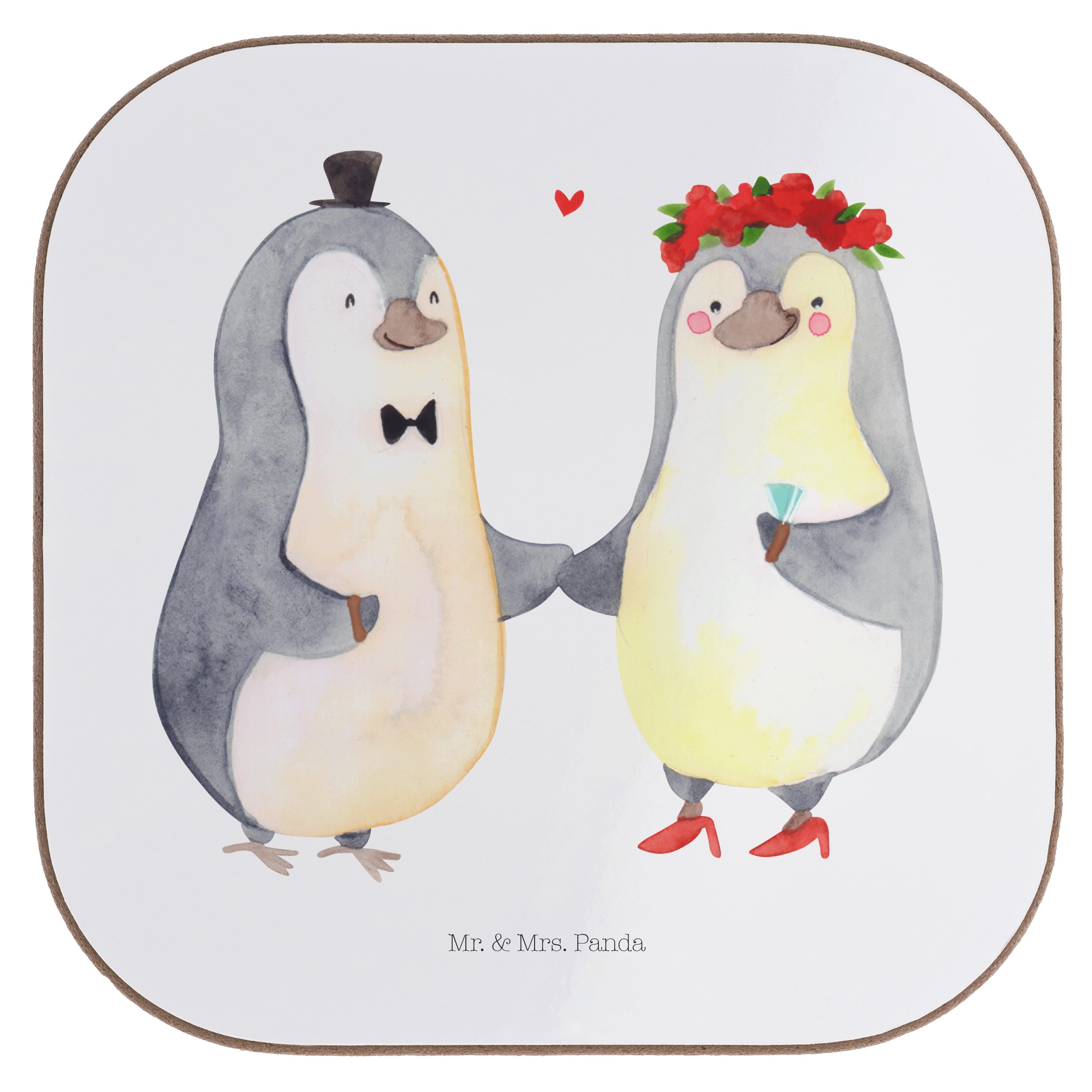 Mr. & Mrs. Panda Getränkeuntersetzer Hochzeitspaar Pinguin - Weiß - Geschenk, Pinguine, Glasuntersetzer, H, 1-tlg.
