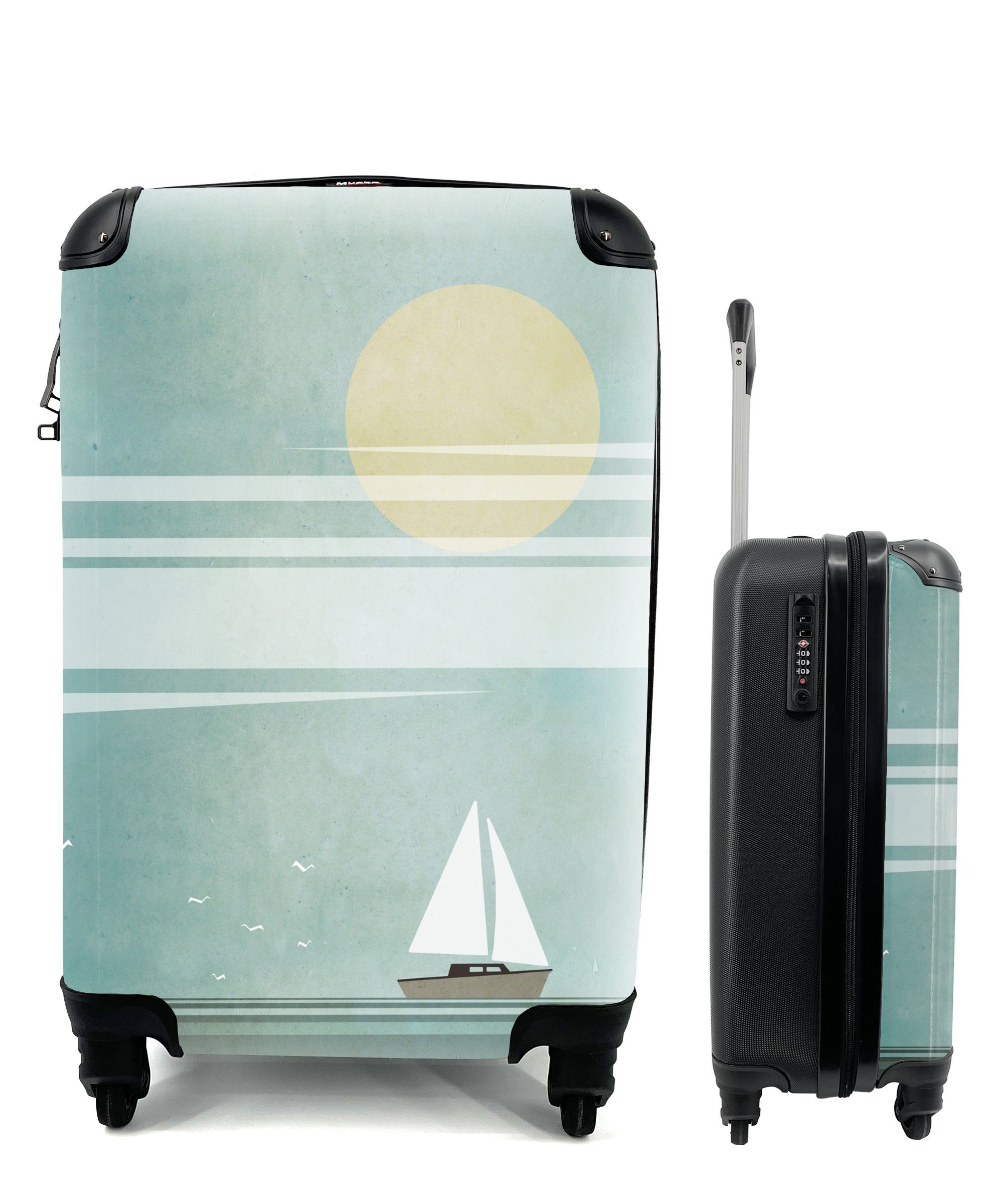 Ferien, MuchoWow 4 eines Eine Bootes sonnigen rollen, Handgepäck Illustration Trolley, für mit Handgepäckkoffer einem Reisekoffer Reisetasche Himmel, Rollen, unter