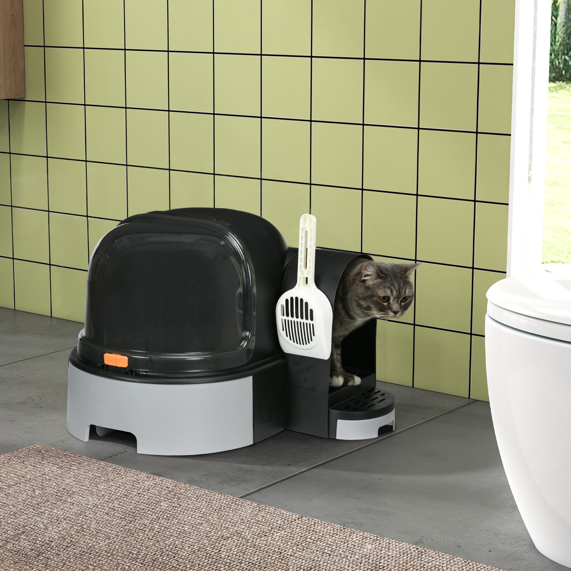 PawHut Katzentoilette Katzenklo, Katzentoilette mit Deckel, ausziehbares Tablett, für Katzen bis 4 kg, Grau, 52 x 60 x 42 cm