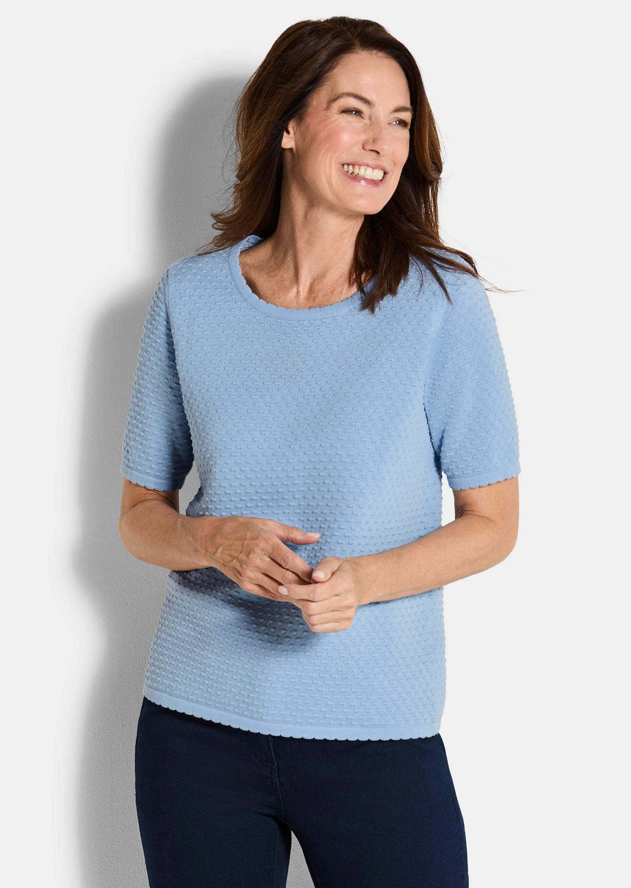 GOLDNER В'язані светри Halbarm Strickshirt mit Rundhals Feinstrickpullover mit gebogten Kanten, aus reiner Baumwolle