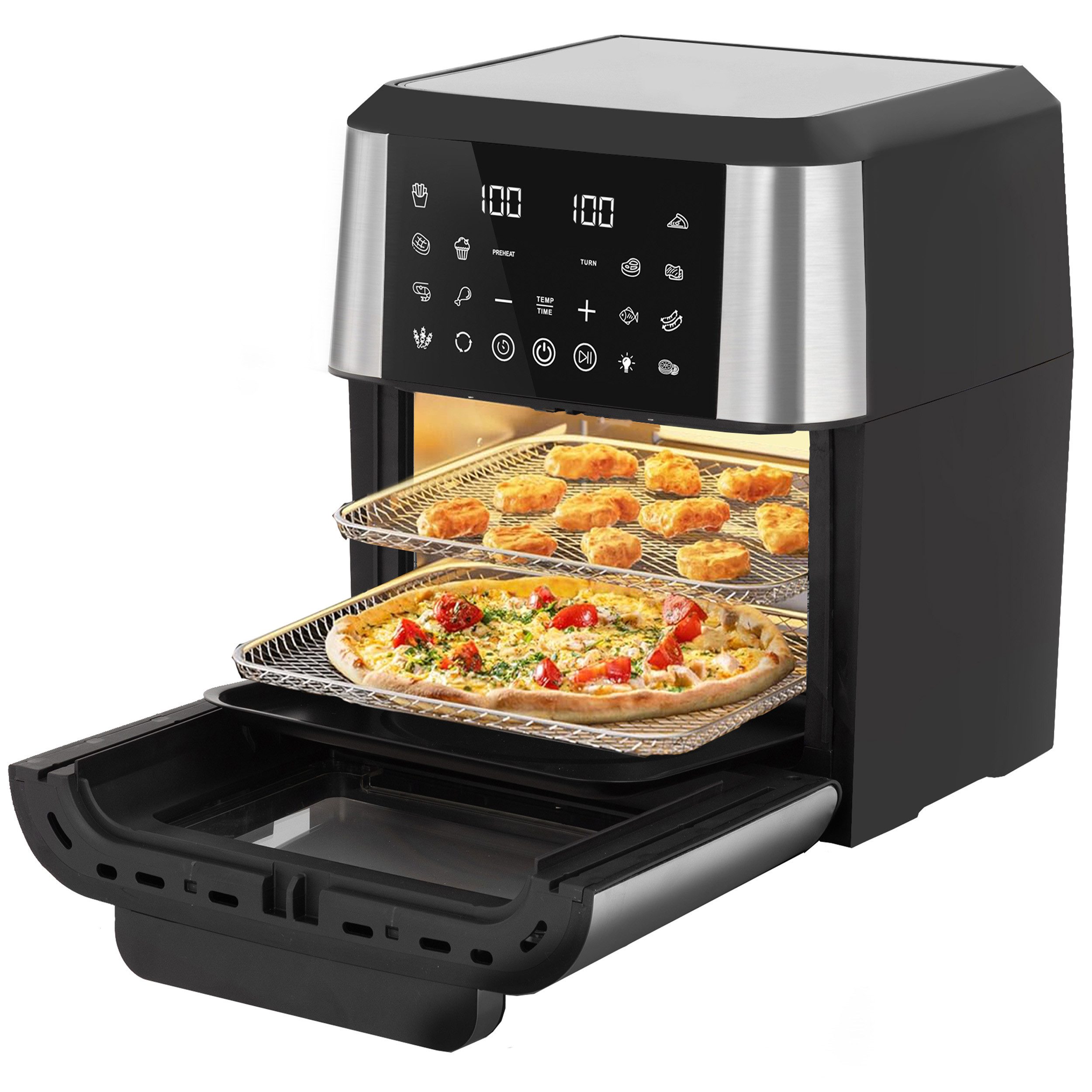 Leawin Heißluftfritteuse 12L Air fryer XXL mit 12 Kochprogramme 2‑in‑1 Airfryer & Mini‑Backofen, 1800 W, 360°-Heißluftzirkulationssystem, 12 Funktionen, einfache Reinigung