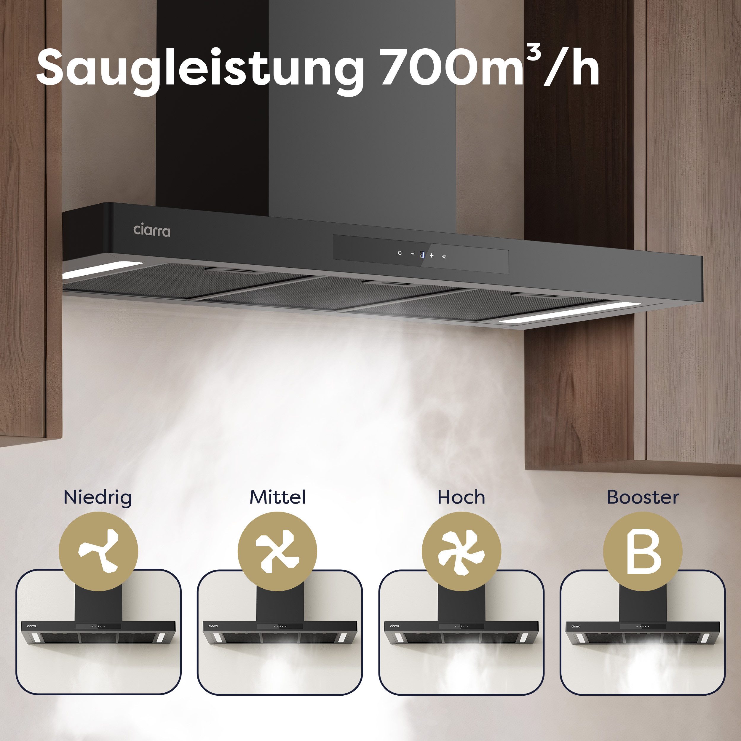 CIARRA Wandhaube 90 cm Dunstabzugshaube A+++ 700 m³/h Umluft & Abluft 4 Stufen VMB9102P Aktivkohlefiltern, Fettfiltern, LED, WIFI-APP Touch Control mit BOOST – Bild 4 von 5