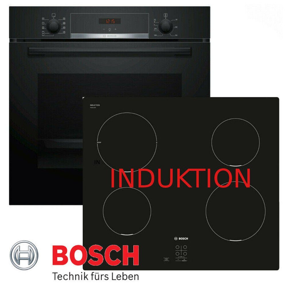 BOSCH Induktions Herd-Set Autark Einbau Backofen Schwarz und Kochfeld, mit 1-fach-Teleskopauszug, -EcoClean (Rückwand) Backofen, 3D-Luftzirkulation, LED-Anzeige, GranitEmail, Teleskopführung, Timer