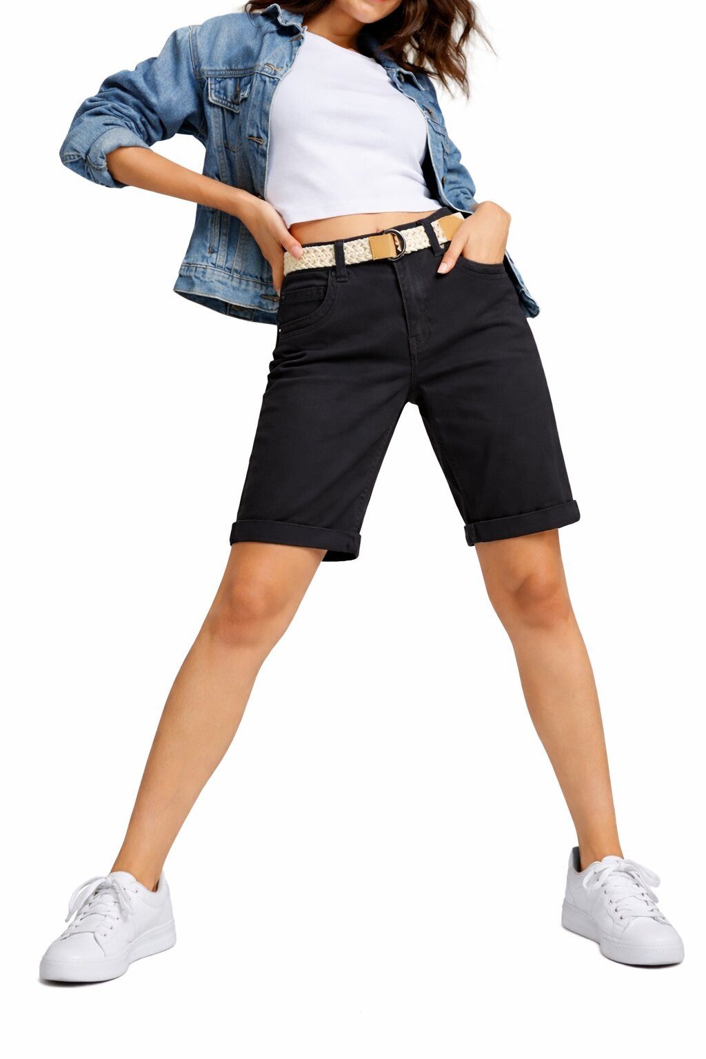 SUBLEVEL Shorts Damen Chino Bermuda kurze Hose leichte Sommerhose mit Gürtel Leichte Bermuda mit Stretchkomfort, Slim Fit und Flechtgürtel
