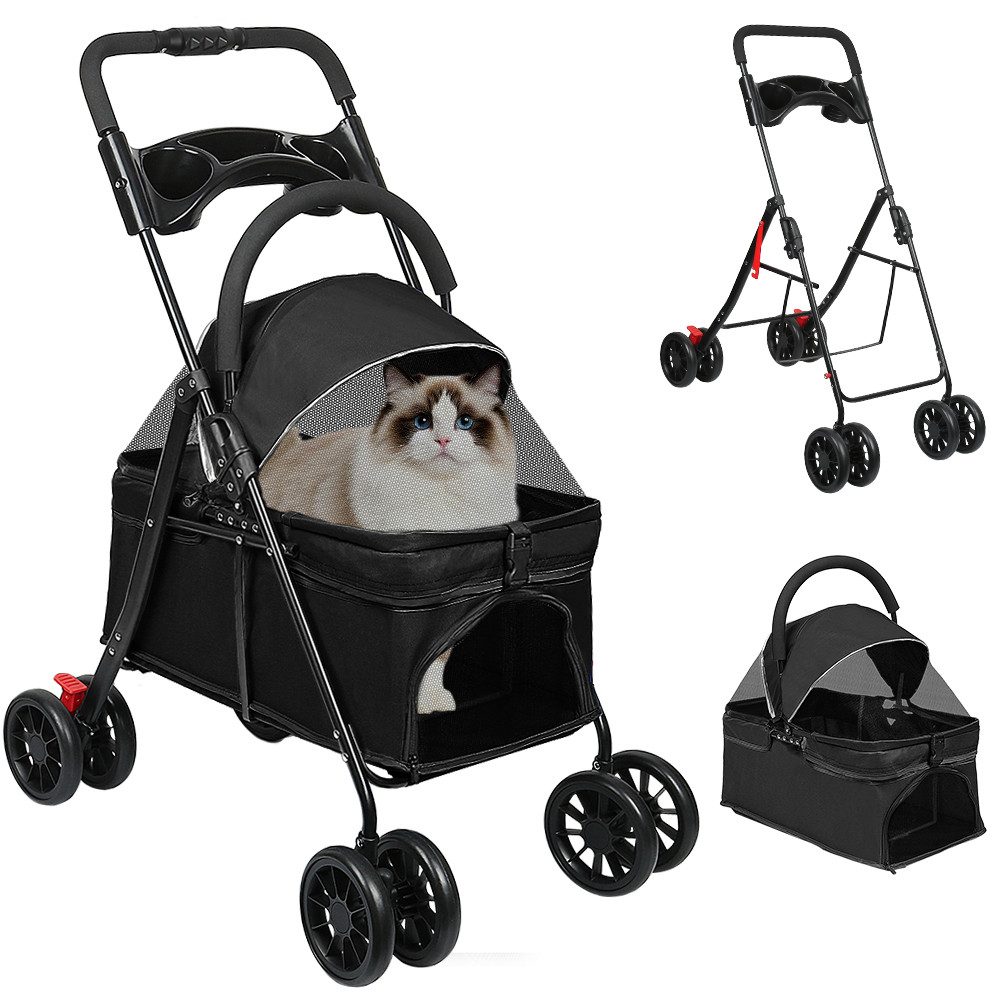 JEOBEST Hundebuggy Tragbarer Faltbar Hund Kinderwagen, Haustier Transportwagen, (360° Verschleißfeste Gummiräder, Netzfenstern)für Kleine Hunde & Katz