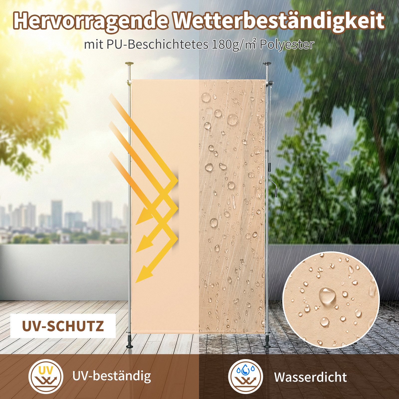 LALAHO Senkrechtmarkise Klemmmarkise Außen Balkon Sonnenschutz Klemm-Markisen Sichtschutzrollo Terrasse Garten Wetterfest mit Handkurbel – Bild 3 von 5