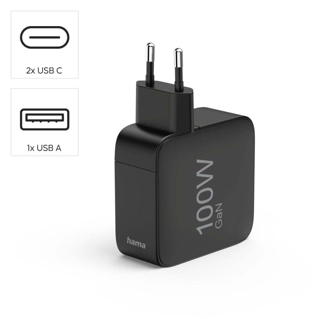 Hama Schnellladegerät, 2x USB-C, 1x USB-A, 100 W, schonender Ladevorgang Schnelllade-Gerät (GaN Ladegerät)