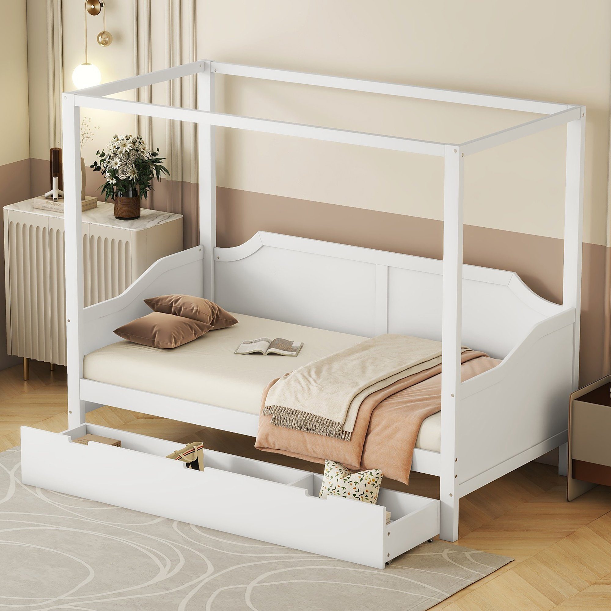 cm 90x200 mit Merax Lattenrost, Weiß Holzbett, Tagesbett mit Himmelbett Schublade,