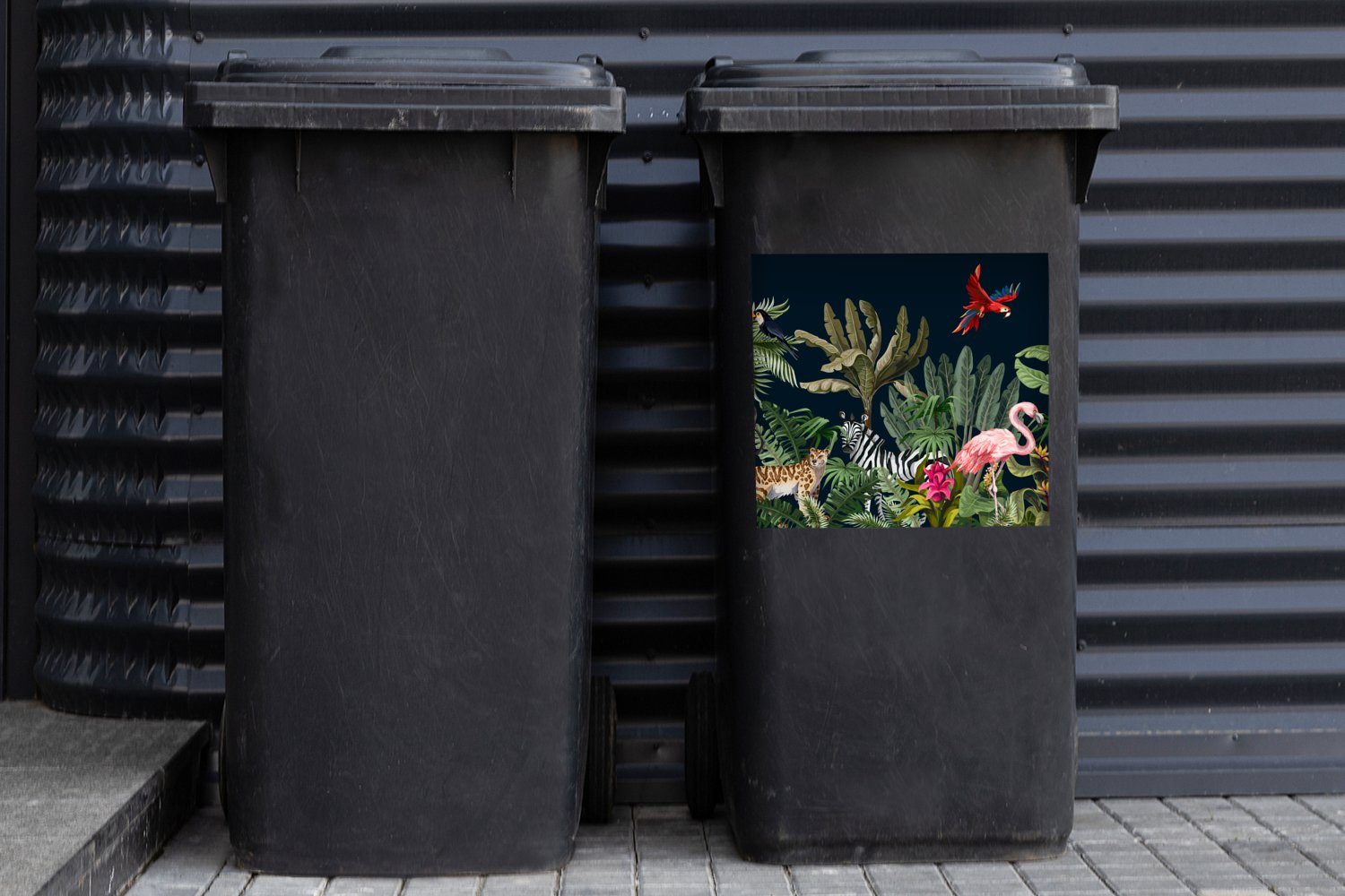 Tiere Container, - (1 Dschungel - Sticker, Mülleimer-aufkleber, Pflanzen Abfalbehälter Zebra - - MuchoWow - Wandsticker Kinder Flamingo Mülltonne, St),