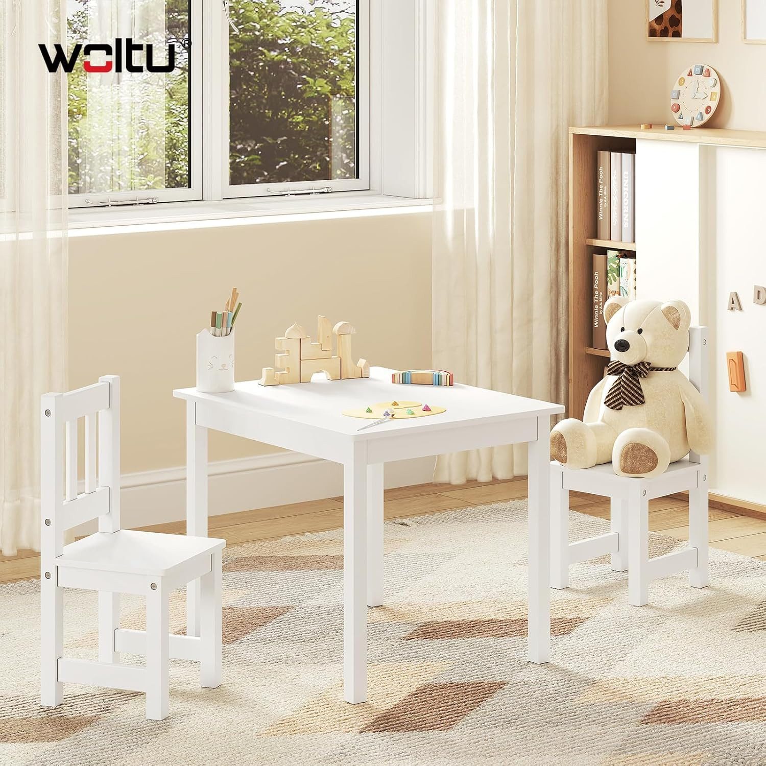Woltu Kindersitzgruppe, Kindertisch mit 2 Stühle, Holz 60x50x48cm, Weiß+Grau