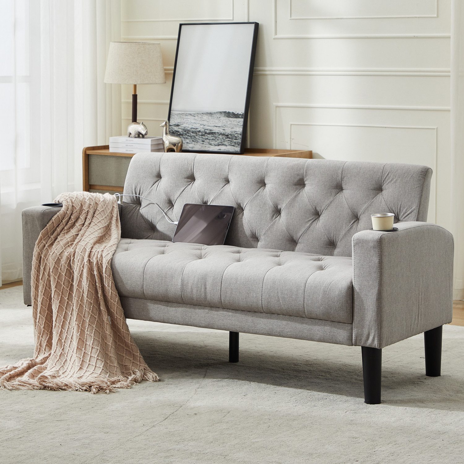 GRAVFORCE Sofa mit Ladeports und Becherhaltern 151cm Blau Samt, 1 Teile, für Wohnzimmer und Büro