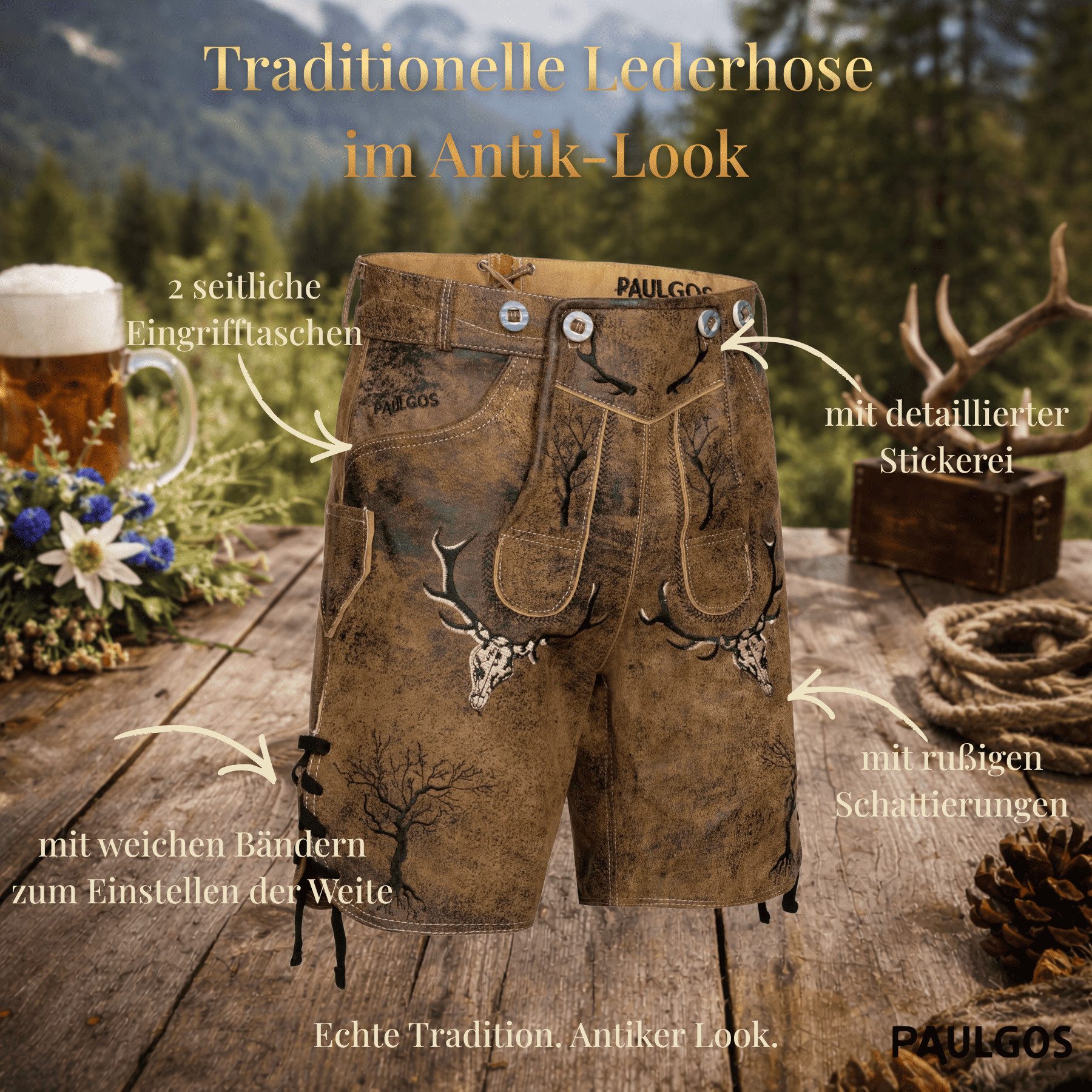 PAULGOS Trachtenhose Herren Lederhose Kurz mit Trägern 100% Echtleder - HK6 ANTIK