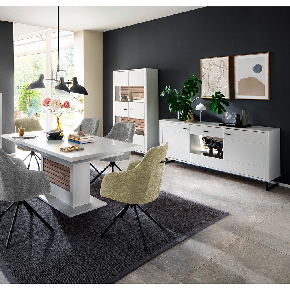 Lomadox Esszimmer-Set LAUREANA-05, (Spar-Set, 3-St., Vitrine Sideboard Esstisch), Esszimmermöbel,weiß Eiche, ausziehbar 180/230/280cm, LED-Beleuchtung