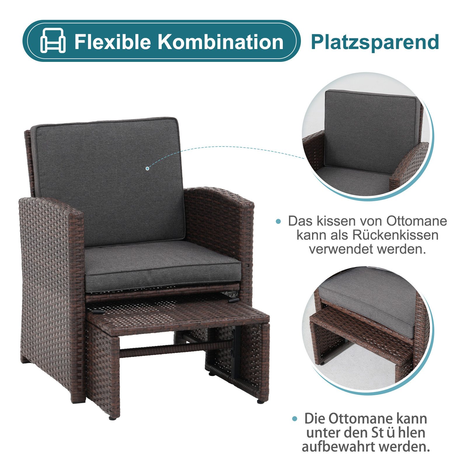 Sunsitt Balkonset 5-tlg Garten Unterhaltung Set, (Balkon Möbel Set mit Kissen, brauner Rattan-Sessel mit Hocker&Couchtisch), für Garten, Hinterhof und Veranda (Dunkelgrau)
