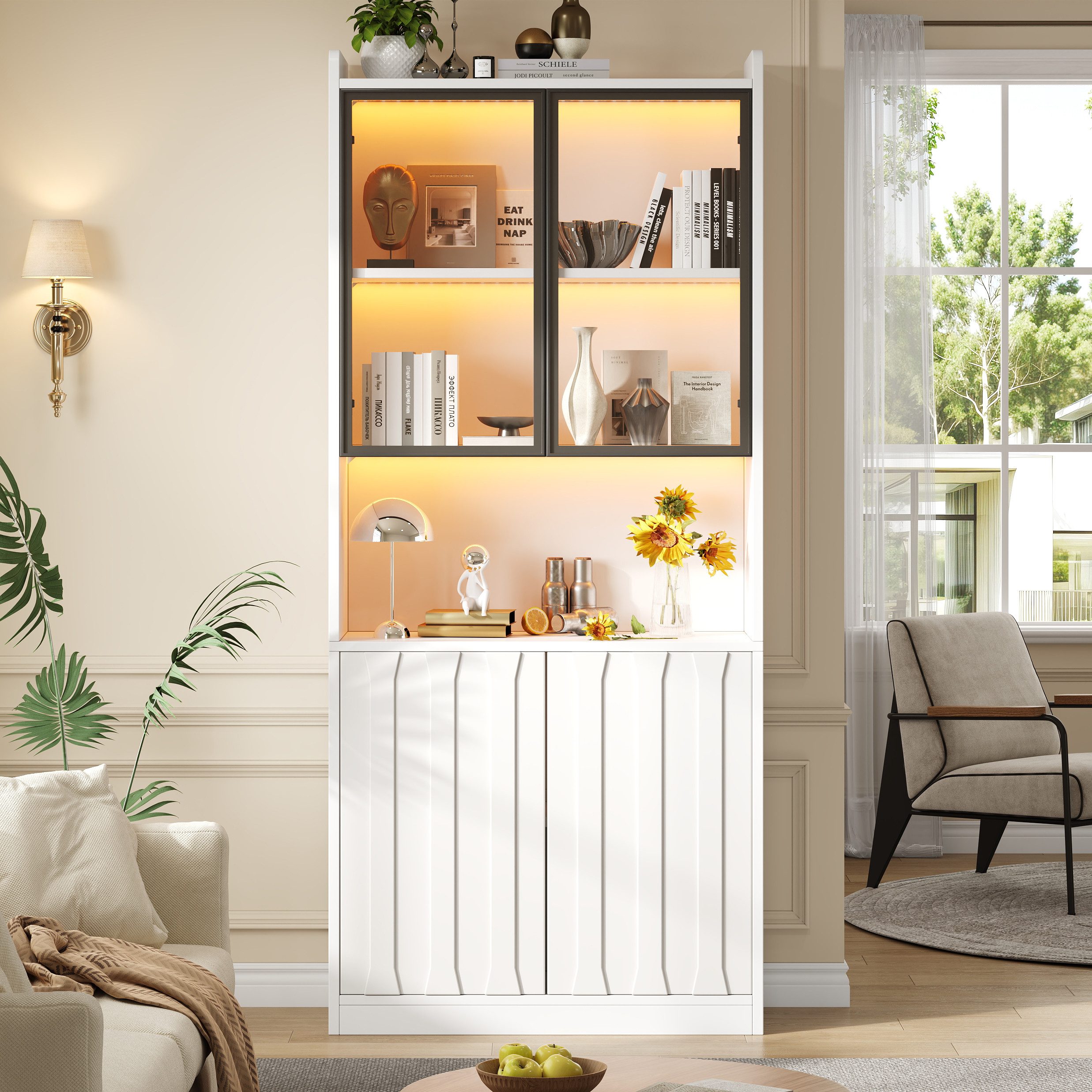 KLAM HOME Vitrine LED Vitrine 80×35×200cm für Wohnzimmer, Küche & Arbeitszimmer (Hochschrank mit Glastüren, LED‑Beleuchtung und 5 Staufächern) Glasvitrine in Weiß und Schwarz mit verstellbaren Böden
