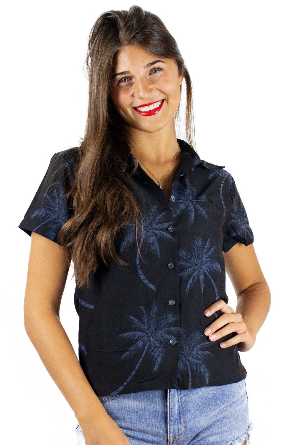 King Kameha Hawaiihemd Palmshadow Funky Hawaiibluse Damen Kurzarm Front-Tasche Stylish