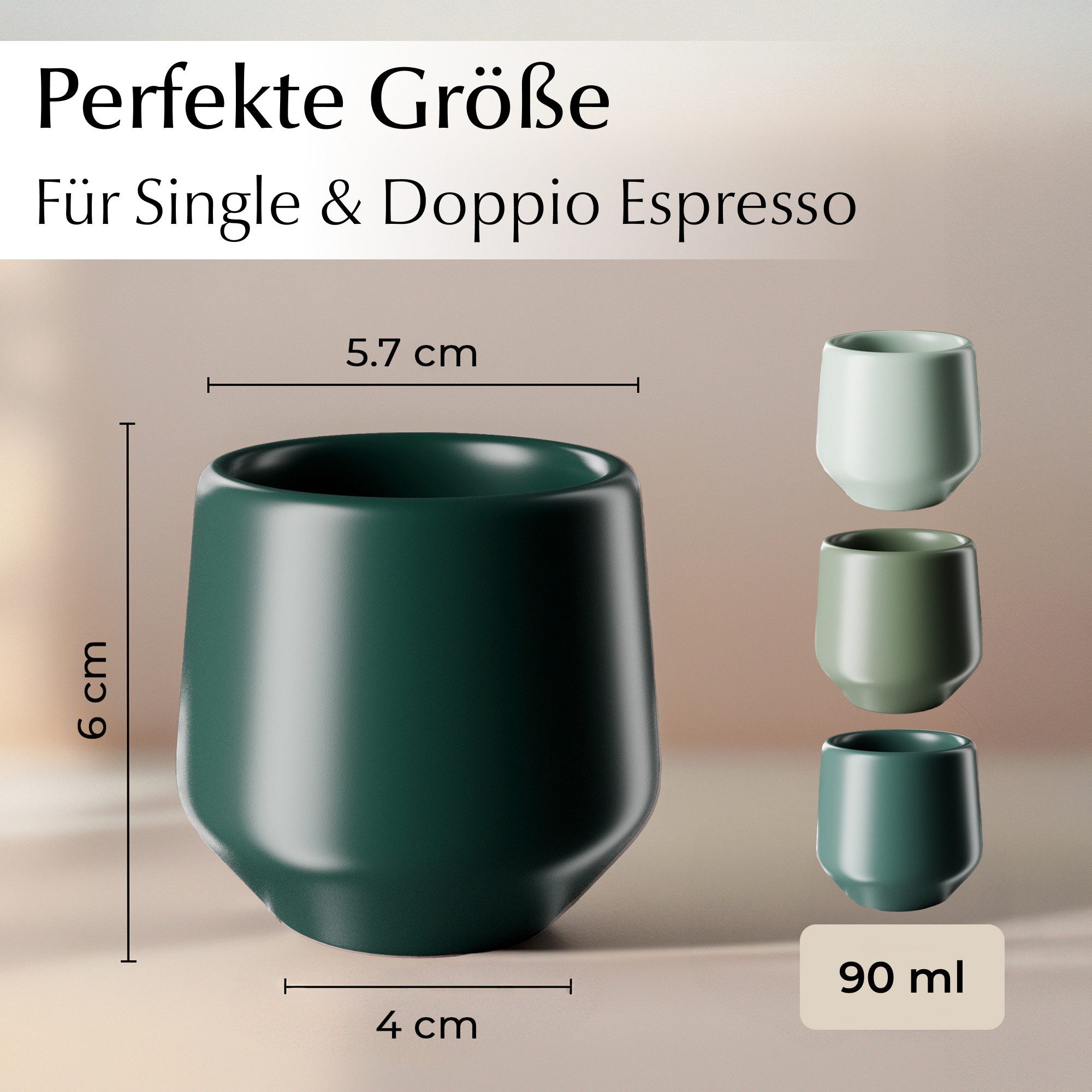 MiaMio Espressotasse Luxe ohne Henkel, 90 ml, Evergreen Grün, 4-tlg., Keramik, Ristretto & Doppio, dickwandig, modern
