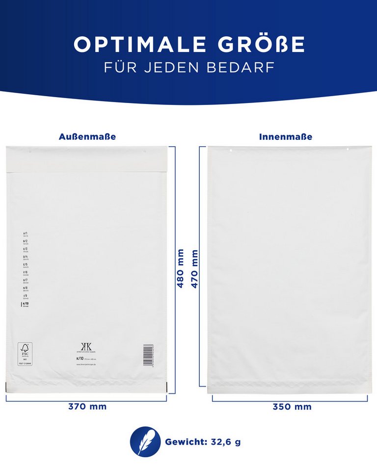 Thumbnail - KK Verpackungen Versandtasche, 100 Luftpolster-Versandtaschen K10 K/10 370x480mm (Außenmaß) Weiß