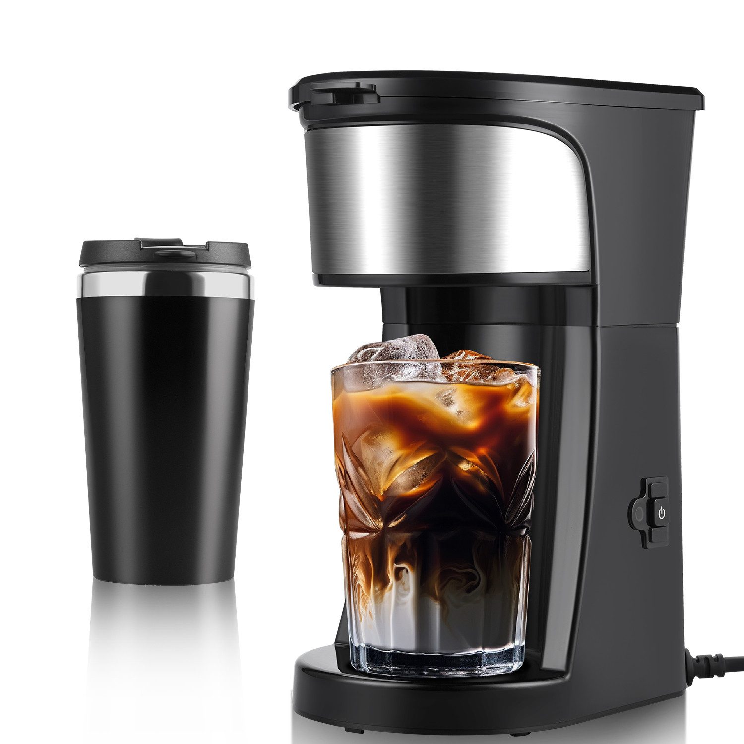 JVJH Filterkaffeemaschine Kaffeemaschine mit Thermobecher 420 ml, Spülmaschinenfest, Wiederverwendbarer Filter, Automatische Abschaltung, One-Touch-Bedienung