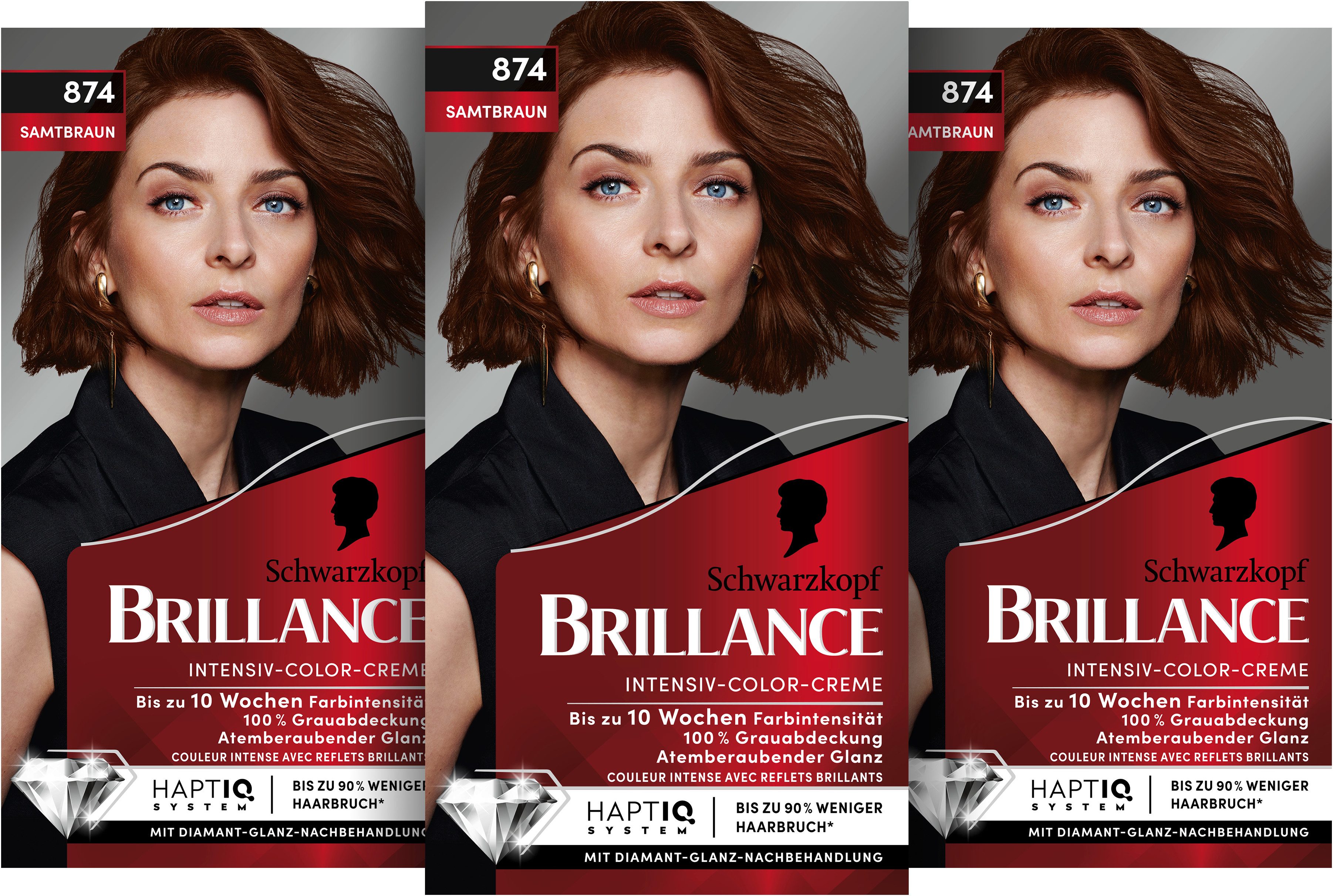 Schwarzkopf Haarfarbe BRILLANCE Intensiv-Color-Creme 874 Samtbraun, Spar-Pack, 3-tlg., mit Diamant-Glanz und Pflege-Conditioner, für 10 Wochen Farbintensität