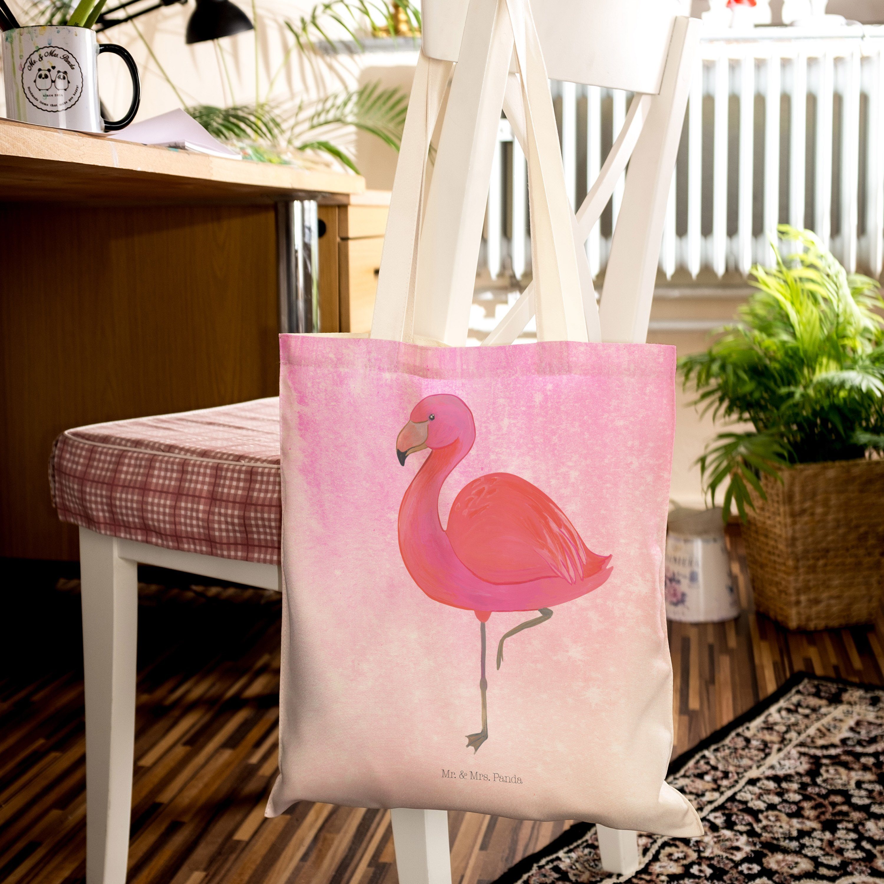 Aquarell Panda Mrs. classic Flamingo prächti - Pink (1-tlg) Tragetasche Shopper, Geschenk, Tasche, Mr. & -